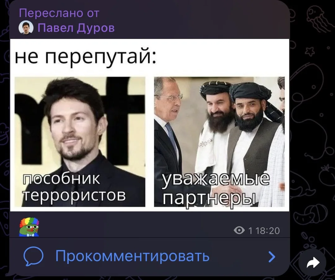 Павел Дуров* выложил у себя в канале картинку после новости о внесении его в перечень террористов и 