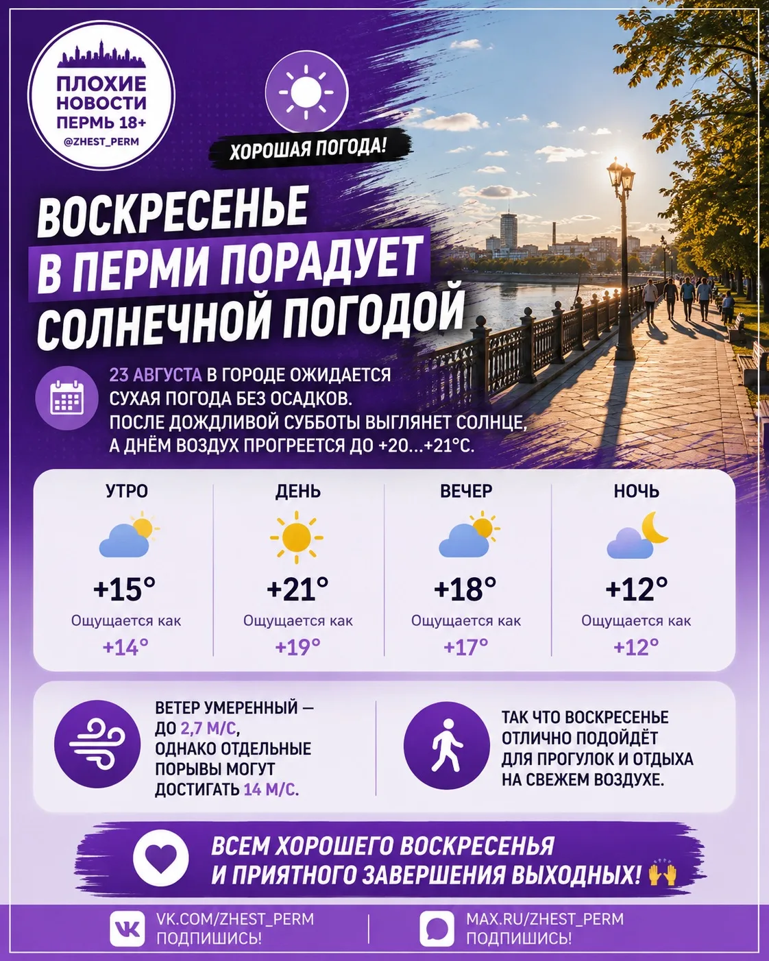 ☀️ Воскресенье в Перми порадует хорошей погодой