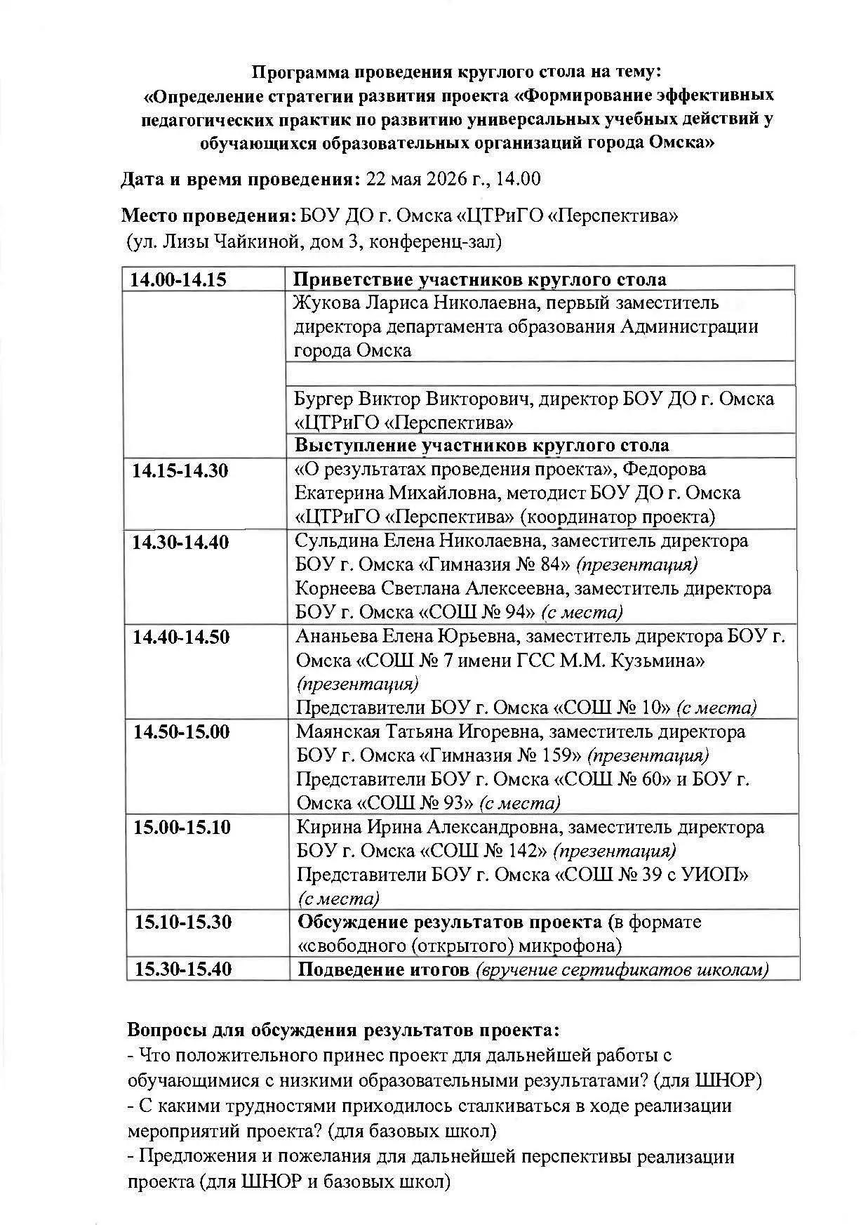 22 мая в БОУ ДО г. Омска «ЦТРиГО «Перспектива» проведено заседание круглого стола на те...