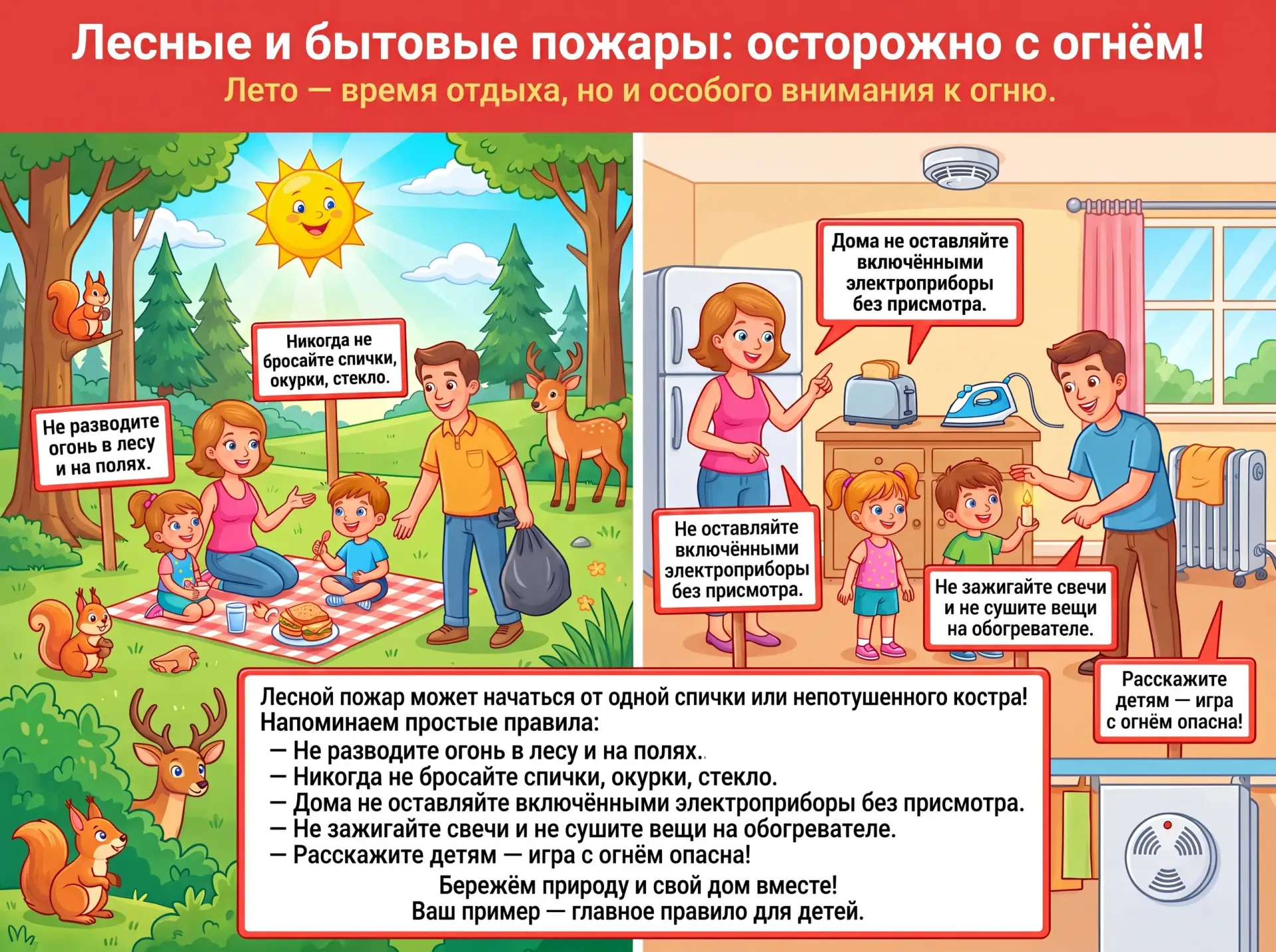 Лесные и бытовые пожары: осторожно с огнём! 🌳🔥🏠

Лето — время отдыха, но и особого внимания к огн