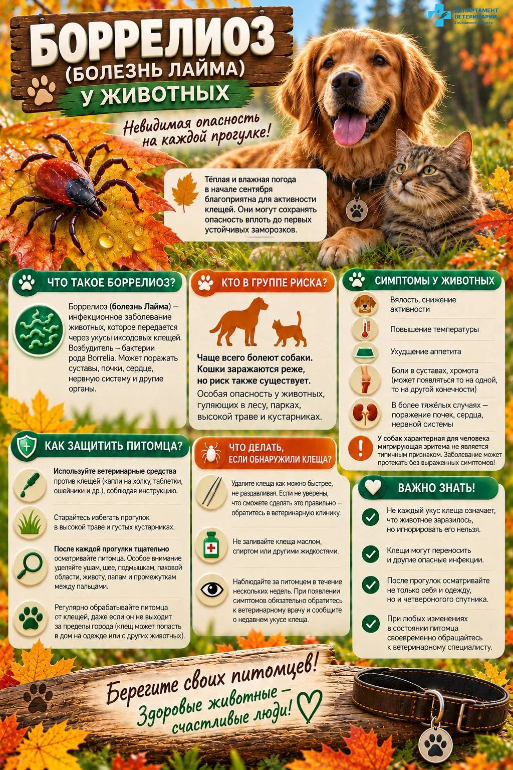🐕🕷 Боррелиоз у животных: осенью опасность клещей сохраняется