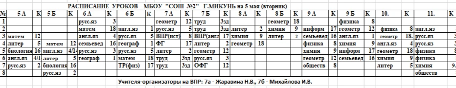 Изменения в расписании уроков на 5 мая (вторник)💌