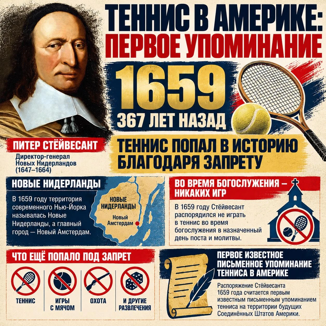 🎾⛪️ 367 лет назад теннис в Америке впервые попал в историю — потому что помешал церкви