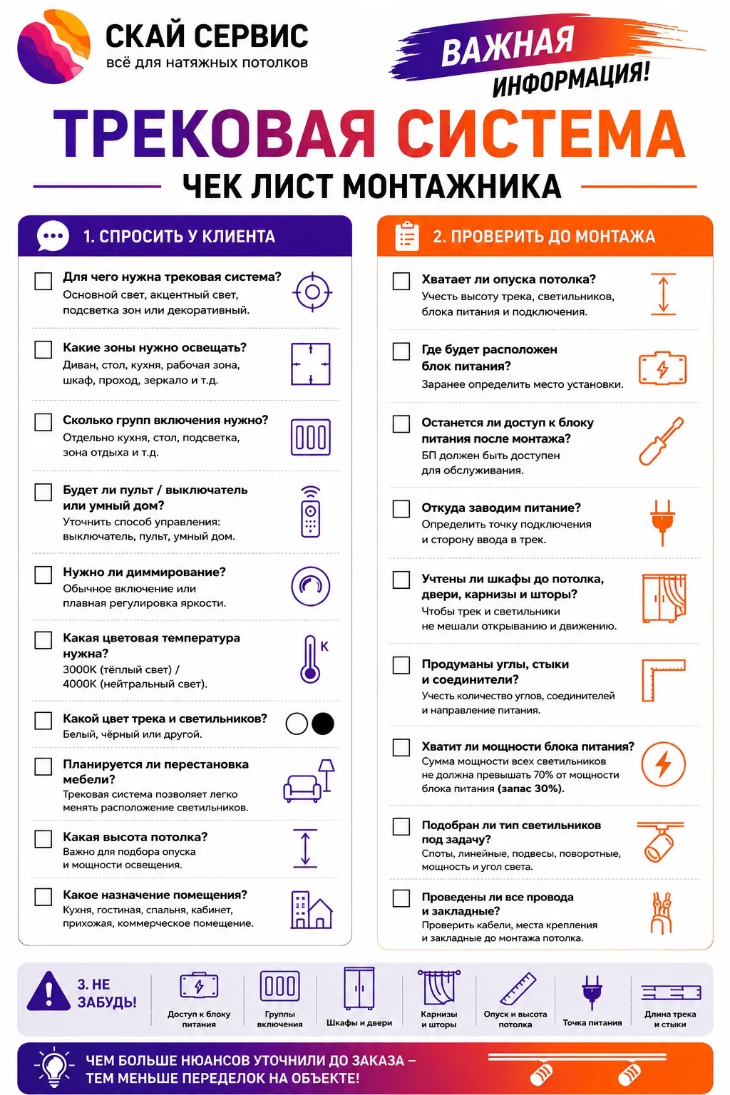 ⚡ ЧЕК-ЛИСТ МОНТАЖНИКА

Трековая система - это не только красивый светильник на потолке. Большинство 