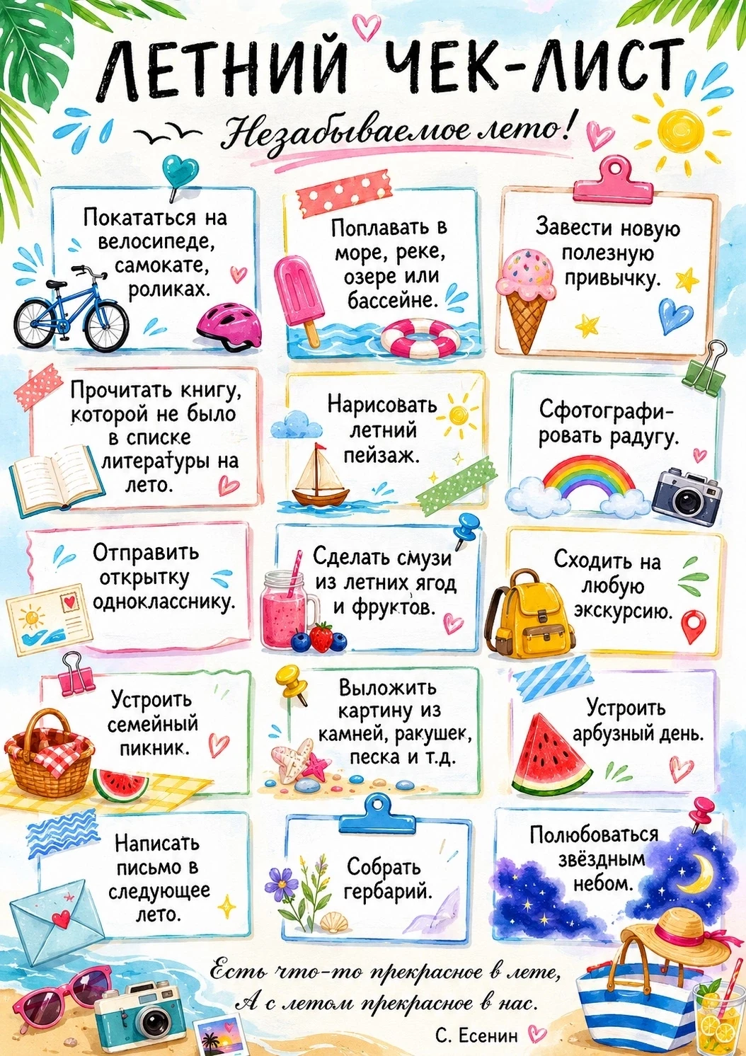 СПИСОК ДЕЛ НА ЛЕТО ✅🌻

☀️Лето — это то самое время года, когда можно наконец-то отдохнуть от школьн