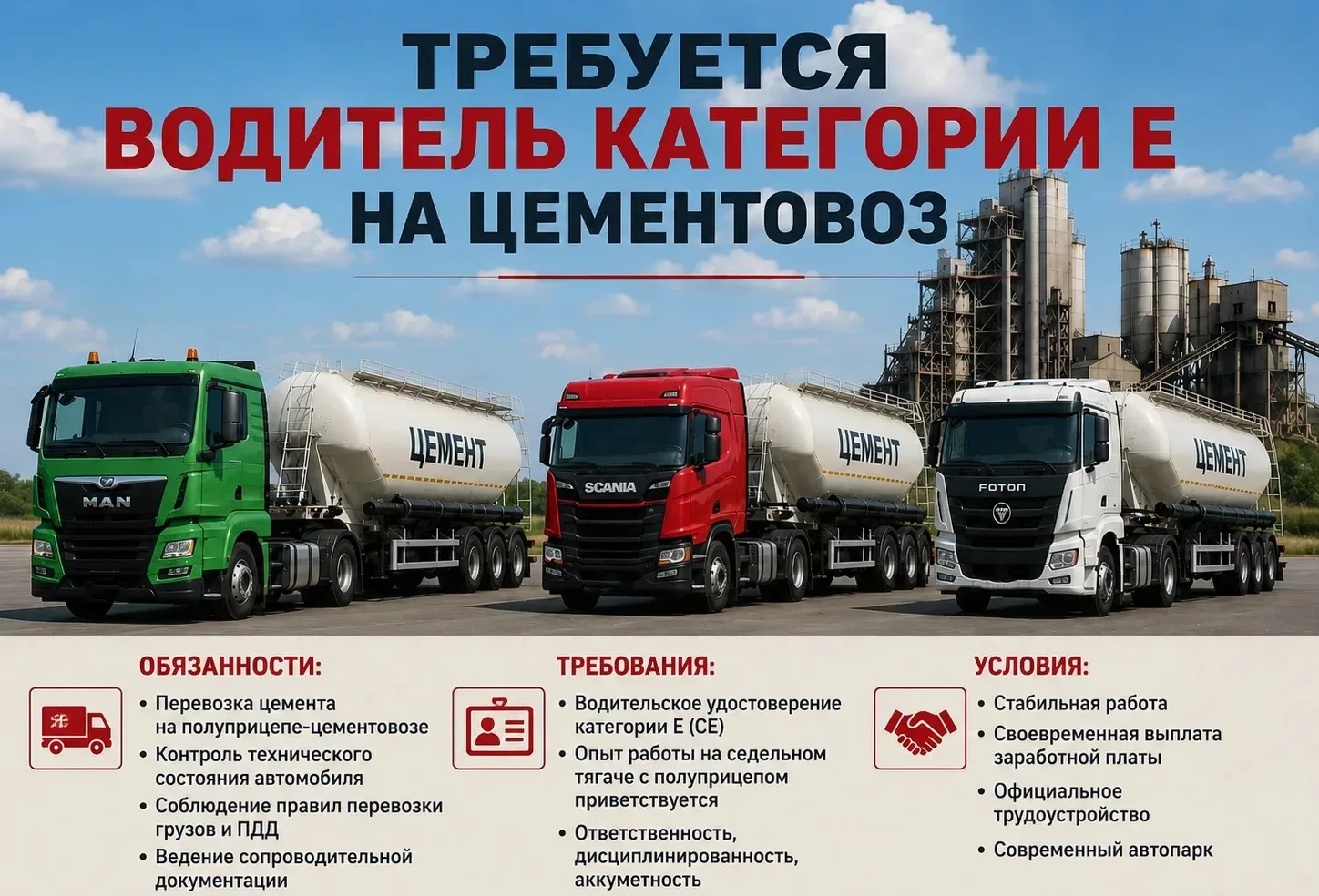 Вакансия
✅ Водитель категории Е на цементовоз
Санкт-Петербург, Ленинградская область

👉 Зарплата: о