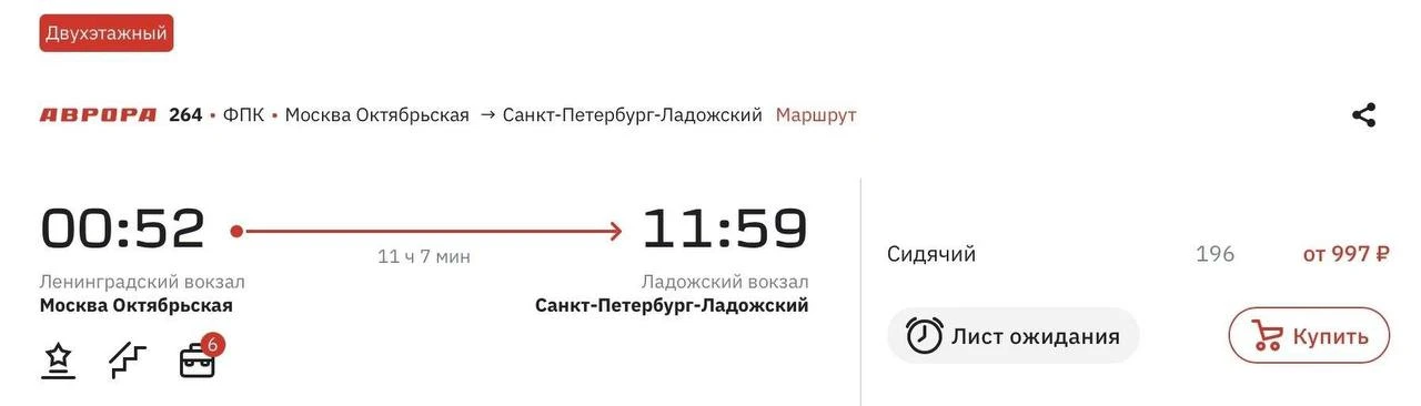 Из Москвы в Питер можно уехать за 997 рублей. Акция будет действовать весь июль на поез...