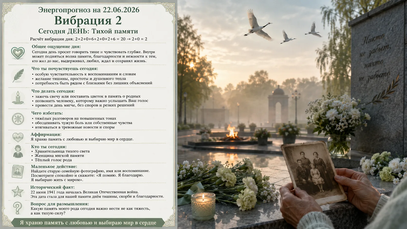 🌟 Энергопрогноз на 22.06.2026

🔢 Расчёт вибрации дня:
2+2+0+6+2+0+2+6 = 20 → 2+0 = 2

Вибрация 2 —