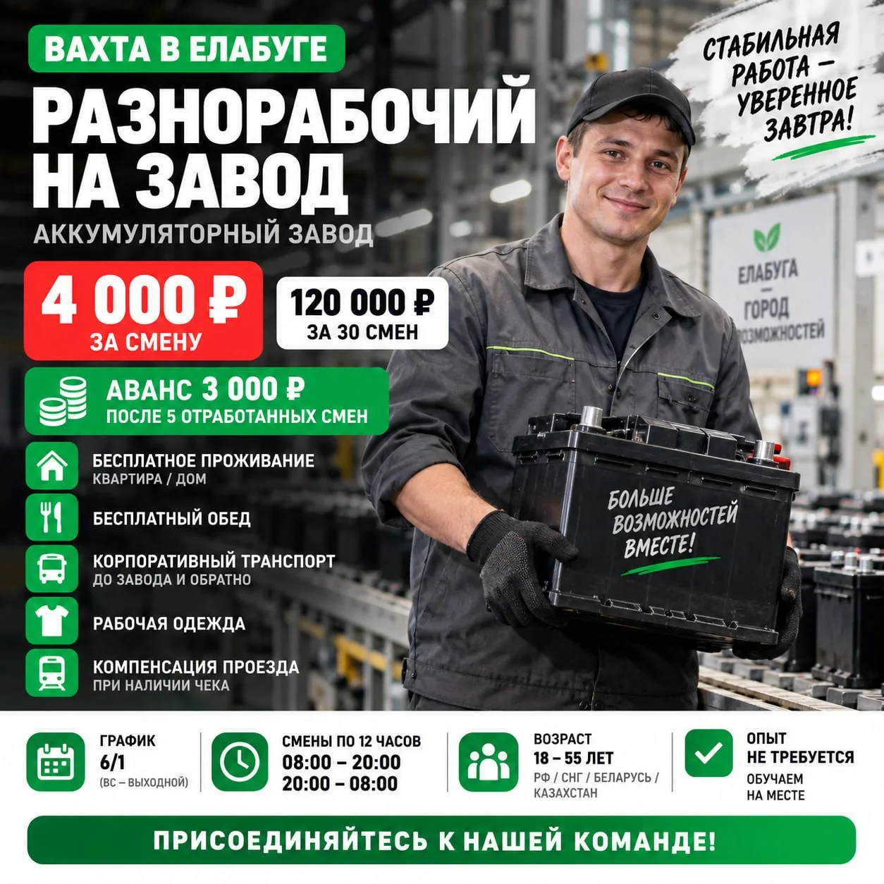 🔥 ВАХТА В ЕЛАБУГЕ — 4 000 ₽ ЗА СМЕНУ
