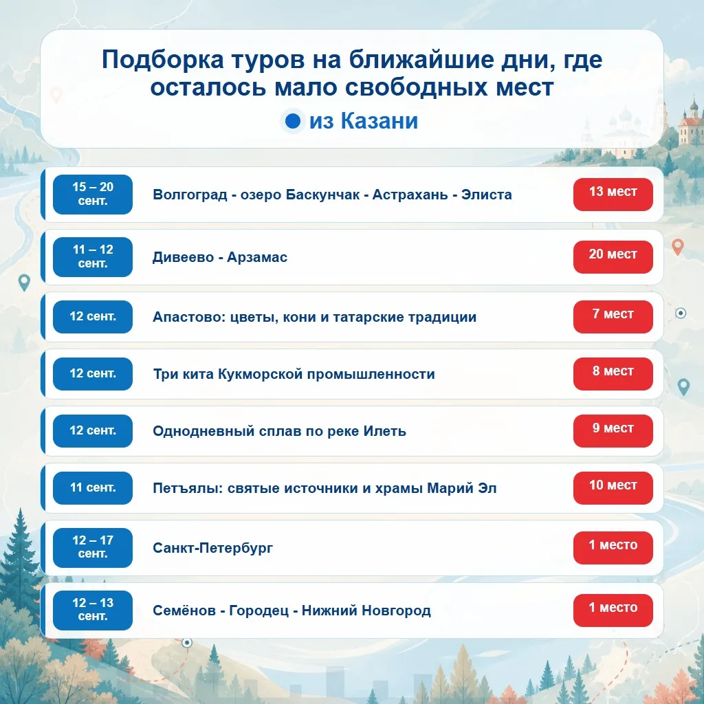 🔥 Подборка туров на ближайшие дни из Казани, где осталось мало свободных мест