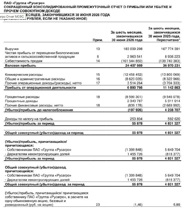 ⚡️🍅 Компания Русагро опубликовала финансовый отчет по МСФО за первое полугодие.