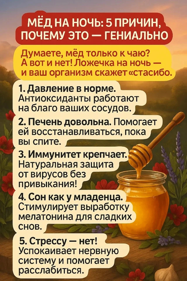 🍯 МЁД НА НОЧЬ — МАЛЕНЬКАЯ ЛОЖКА, БОЛЬШАЯ ПОЛЬЗА!