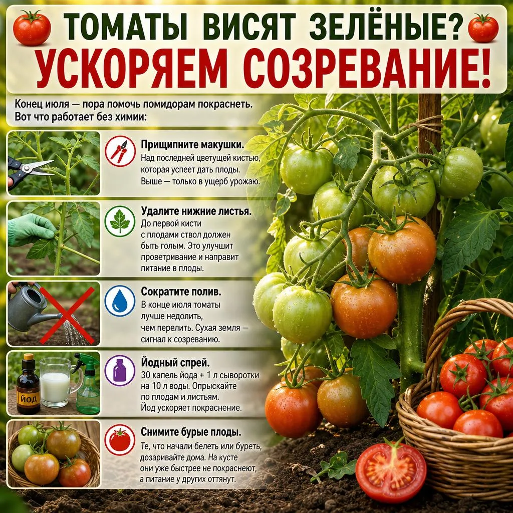 🍅 ТОМАТЫ ВИСЯТ ЗЕЛЁНЫЕ? УСКОРЯЕМ СОЗРЕВАНИЕ! 🍅

Конец июля — пора помочь помидорам покраснеть. Вот