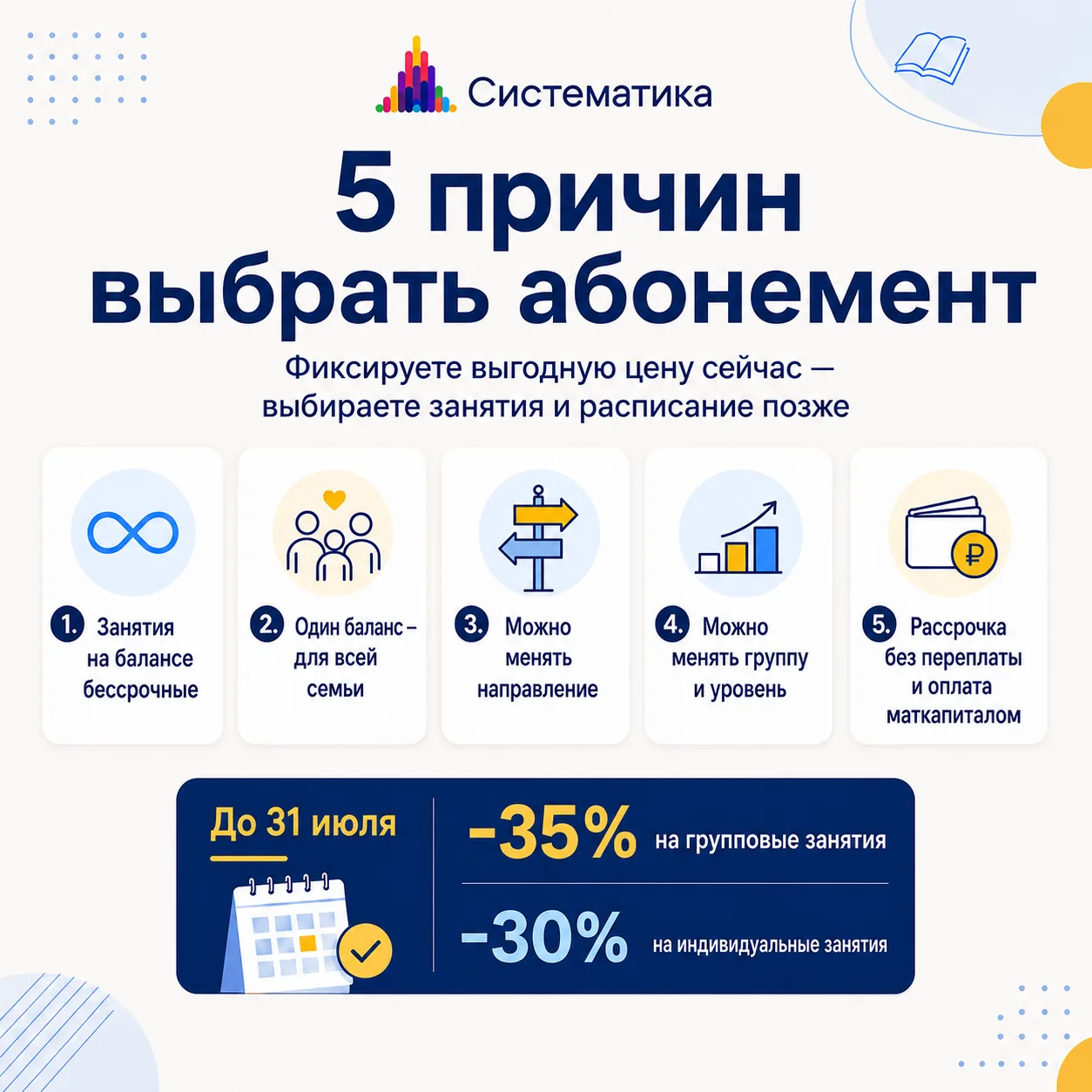 Без риска: 5 причин купить абонемент заранее

Покупка абонемента летом может казаться рискованной: р