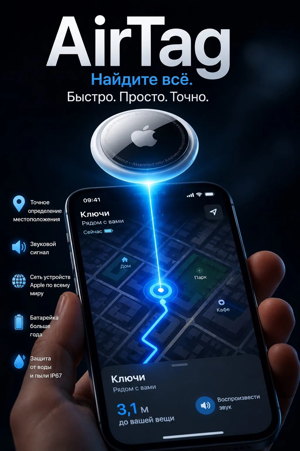 «Я точно клал их сюда…» 🤦‍♂️
С AirTag эта проблема остается в прошлом.

Закрепите его на ключах, по