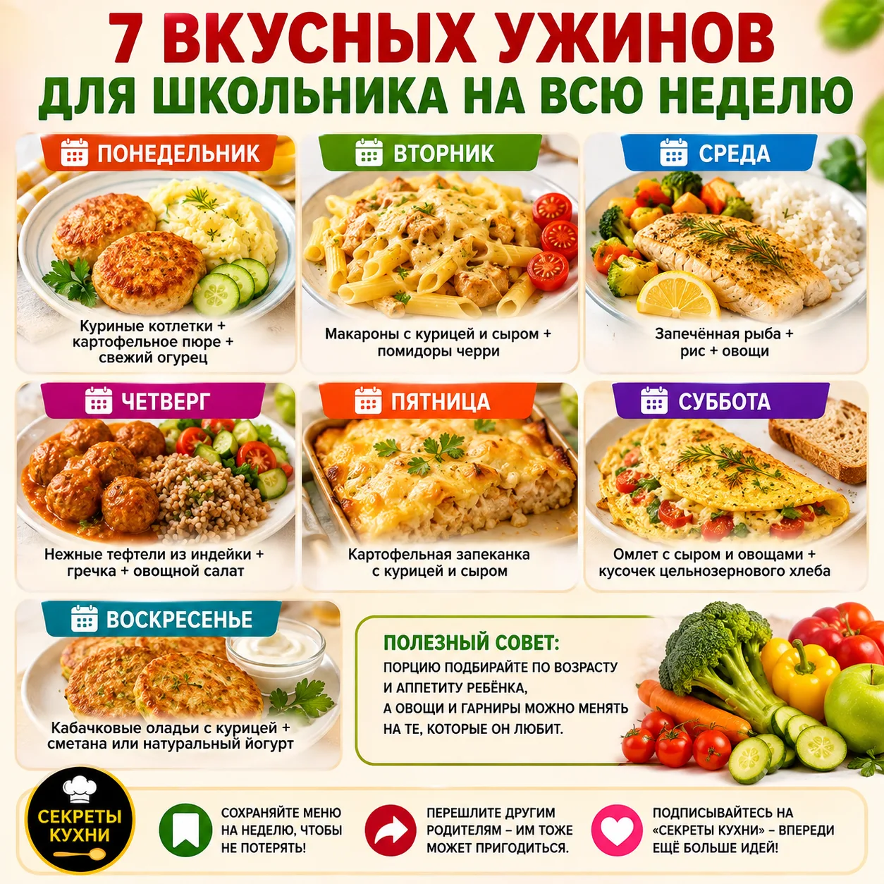 🍽️ 7 ВКУСНЫХ УЖИНОВ ДЛЯ ШКОЛЬНИКА НА ВСЮ НЕДЕЛЮ