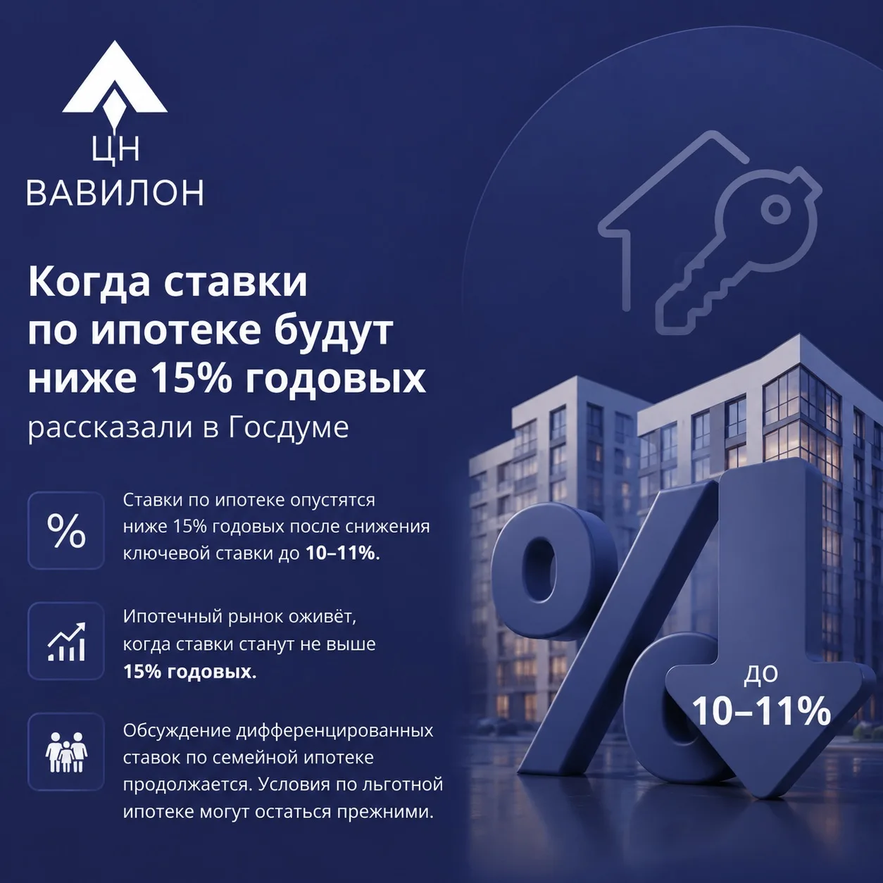 Ипотечные ставки могут опуститься ниже 15% годовых после снижения ключевой ставки Центр...