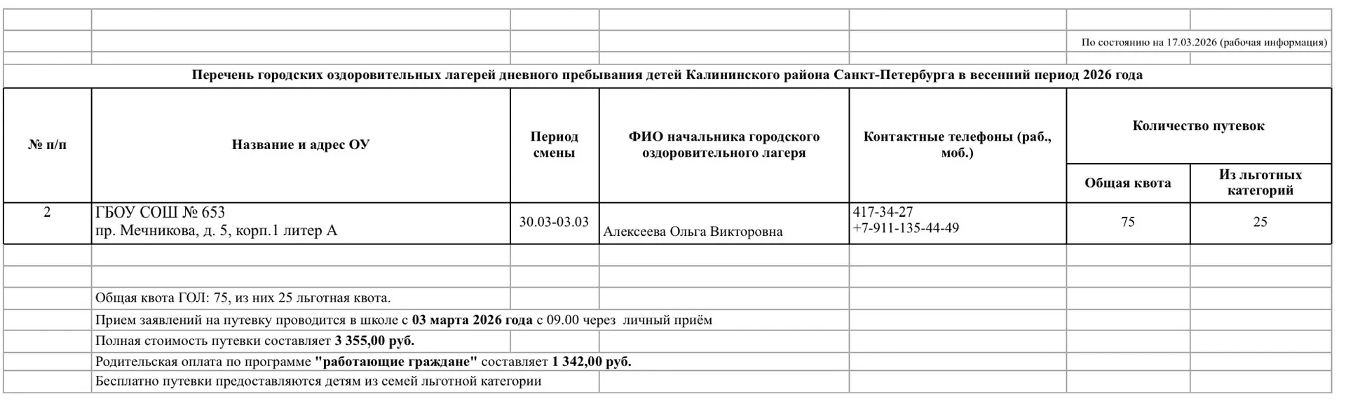 Перечень городских оздоровительных лагерей дневного пребывания детей Калининского район...