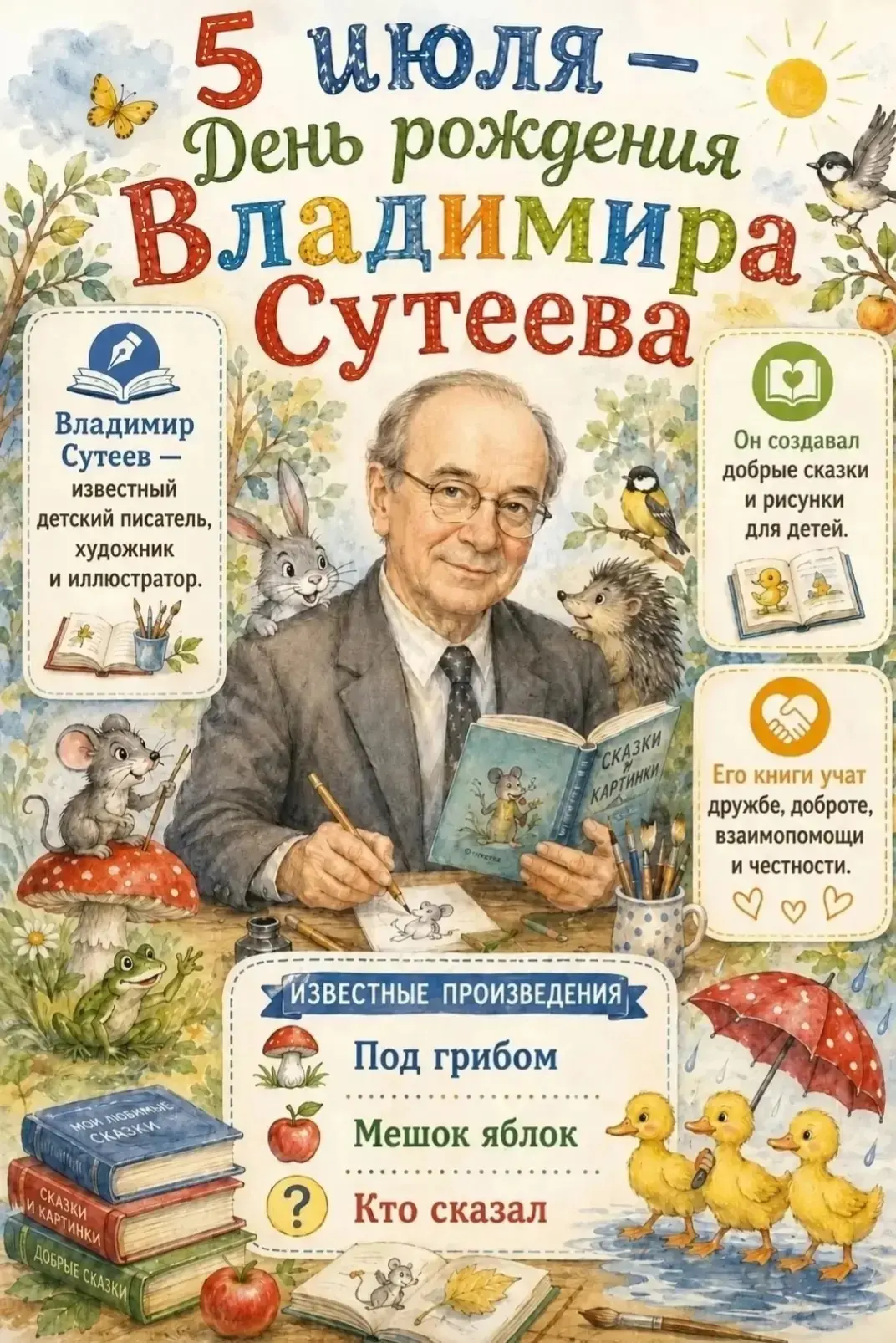 5 июля — день рождения Владимира  Сутеева
🎉Сегодня в нашей  группе Улыбка прошло занятие этому заме