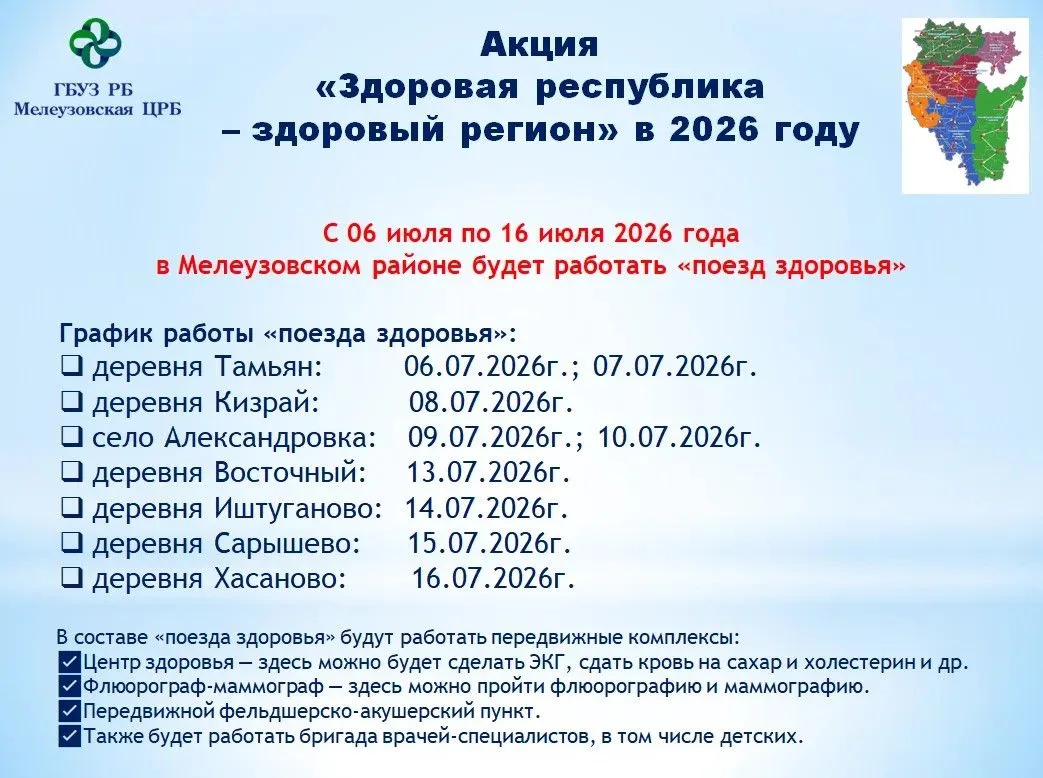 ⚡️С 6 июля в Мелеузовском районе начнет работу «Поезд здоровья», медики примут жителей ...