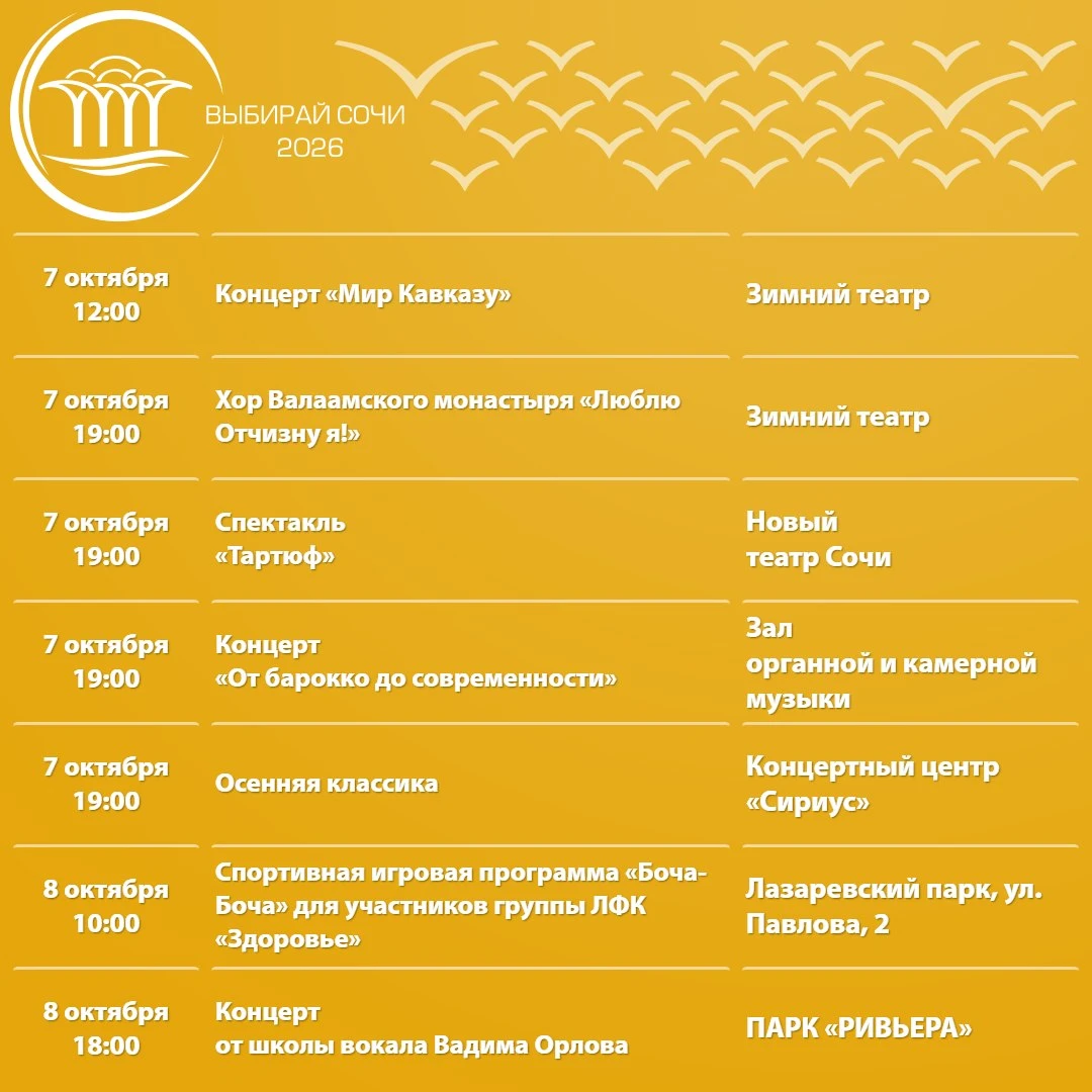 🎭 Афиша мероприятий в Сочи с 6 по 11 октября