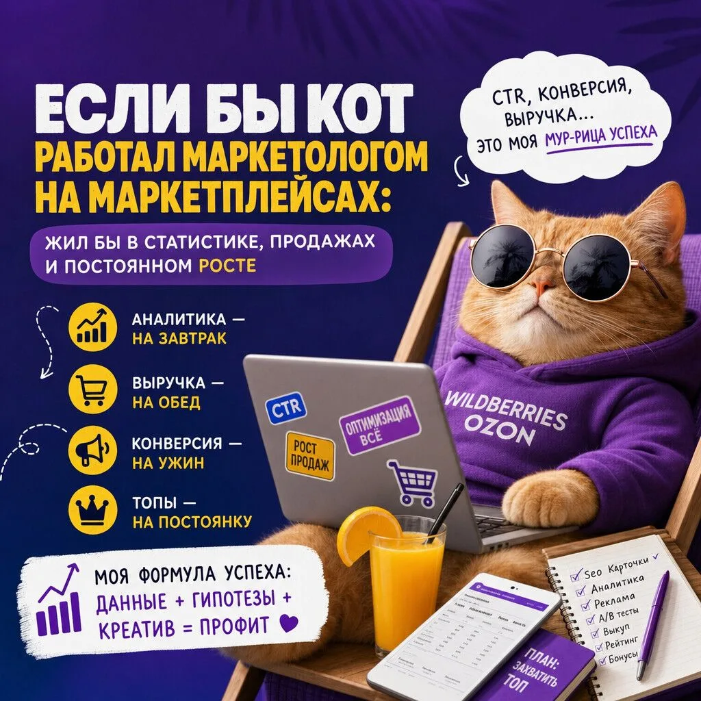 Если бы кот работал маркетологом на маркетплейсах:
Он бы спал по 16 часов, но просыпался в 03:00 про