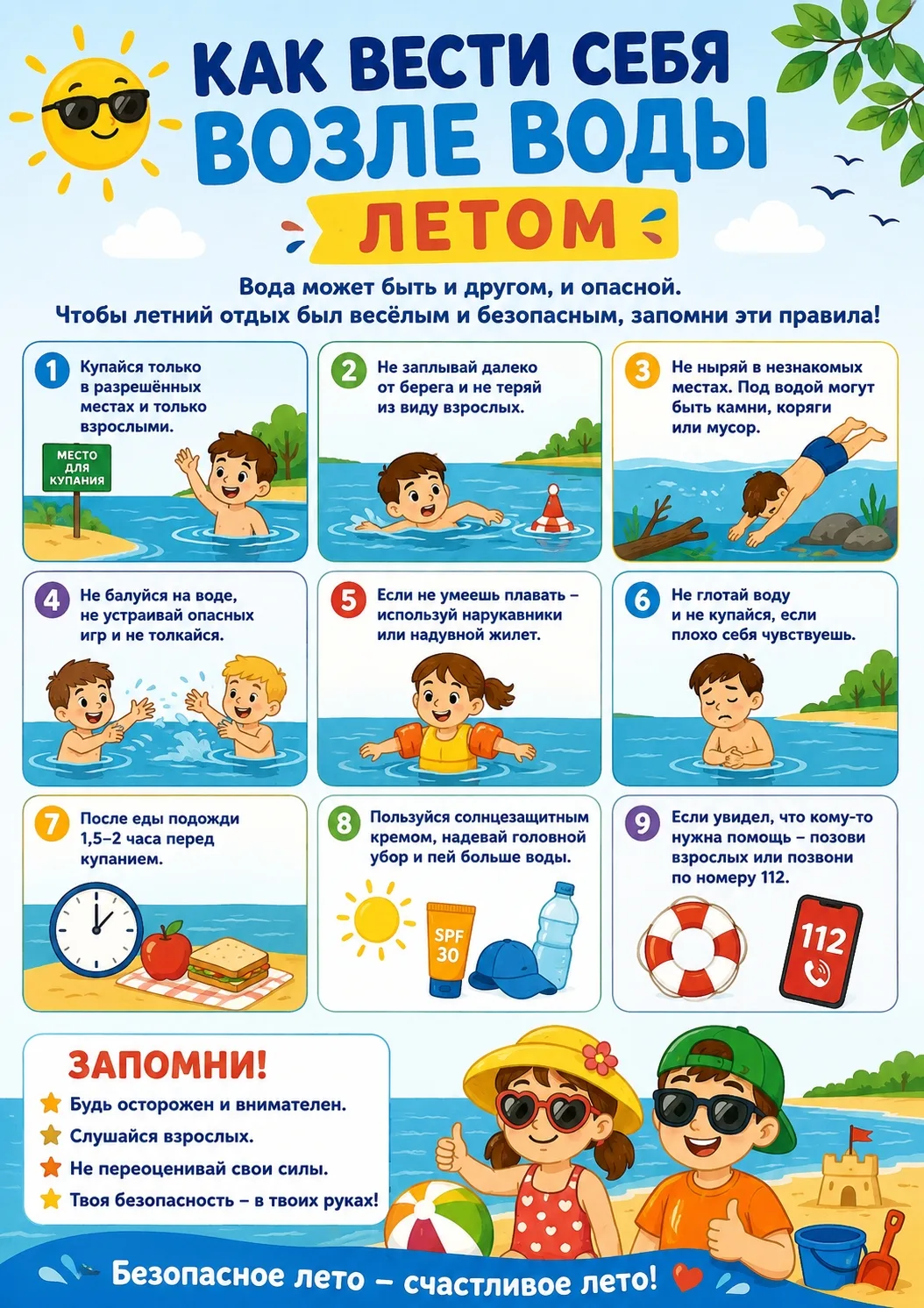 🌞 Лето близко! Повторяем правила безопасности возле воды 🌞

Чтобы летние прогулки и отдых у водоём