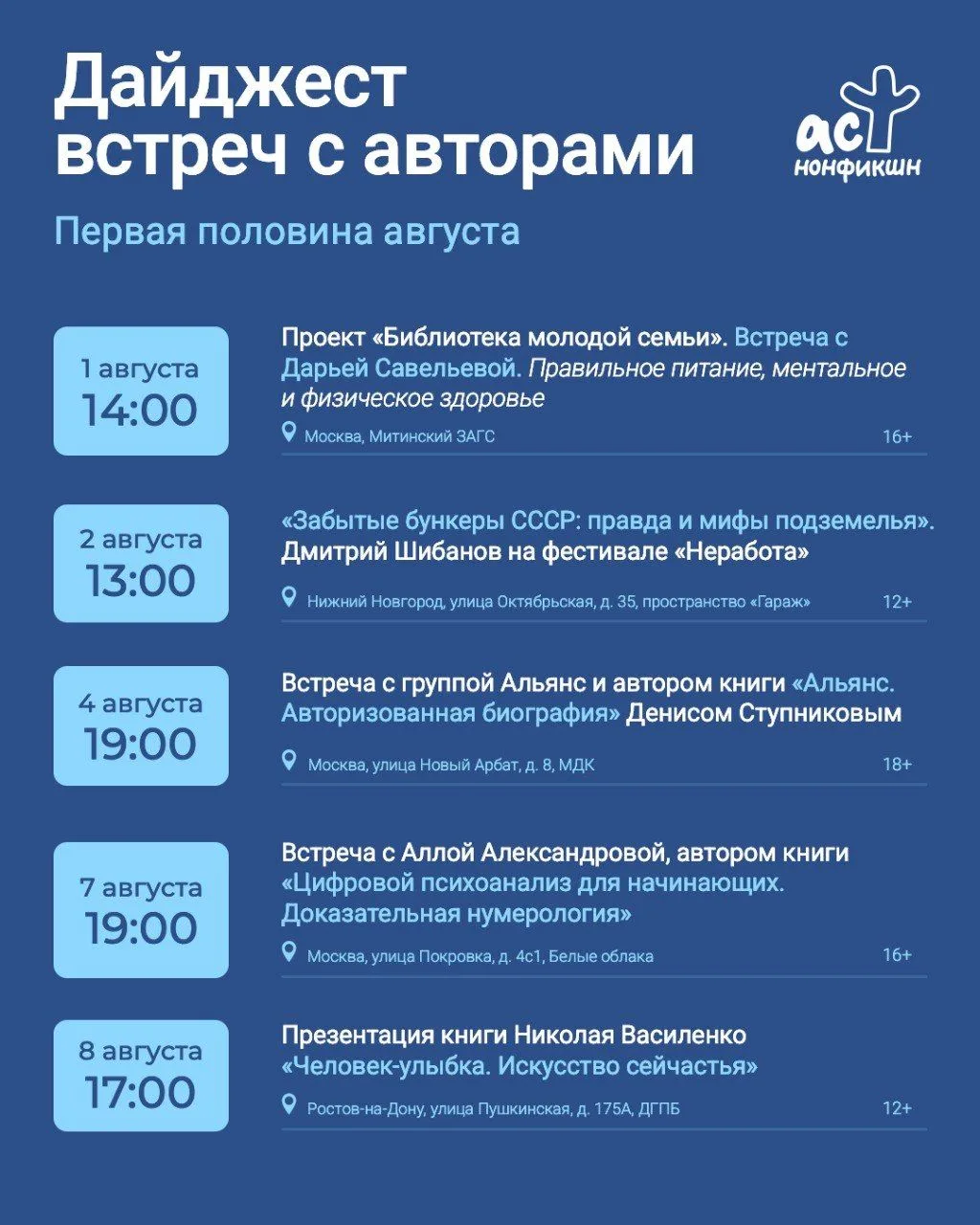 Дайджест мероприятий: что ждет вас в первой половине августа!

Делимся с вами расписанием встреч с а