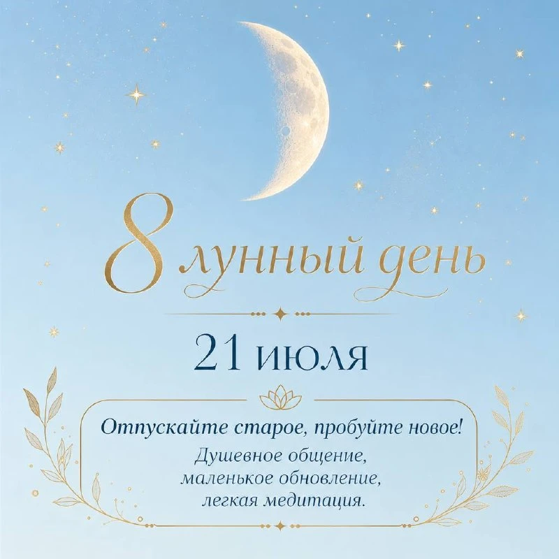 Сегодня 21 июля — 🌗  8-й лунный день Луна в знаке Весов и ближе к вечеру переходит в Скорпиона.

Чт