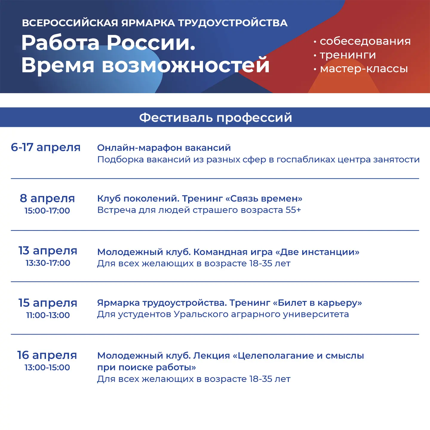🎯 17 апреля по всей стране пройдет Всероссийская ярмарка трудоустройства «Работа России. Время возмо