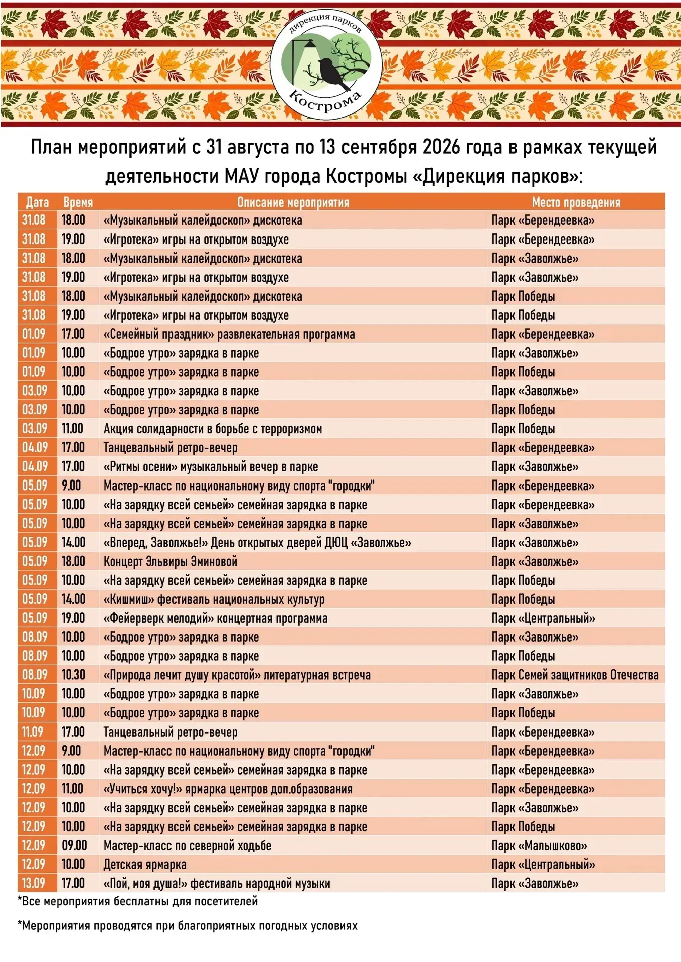 Информация о мероприятиях, которые пройдут в парках города Костромы в ближайшие две нед...