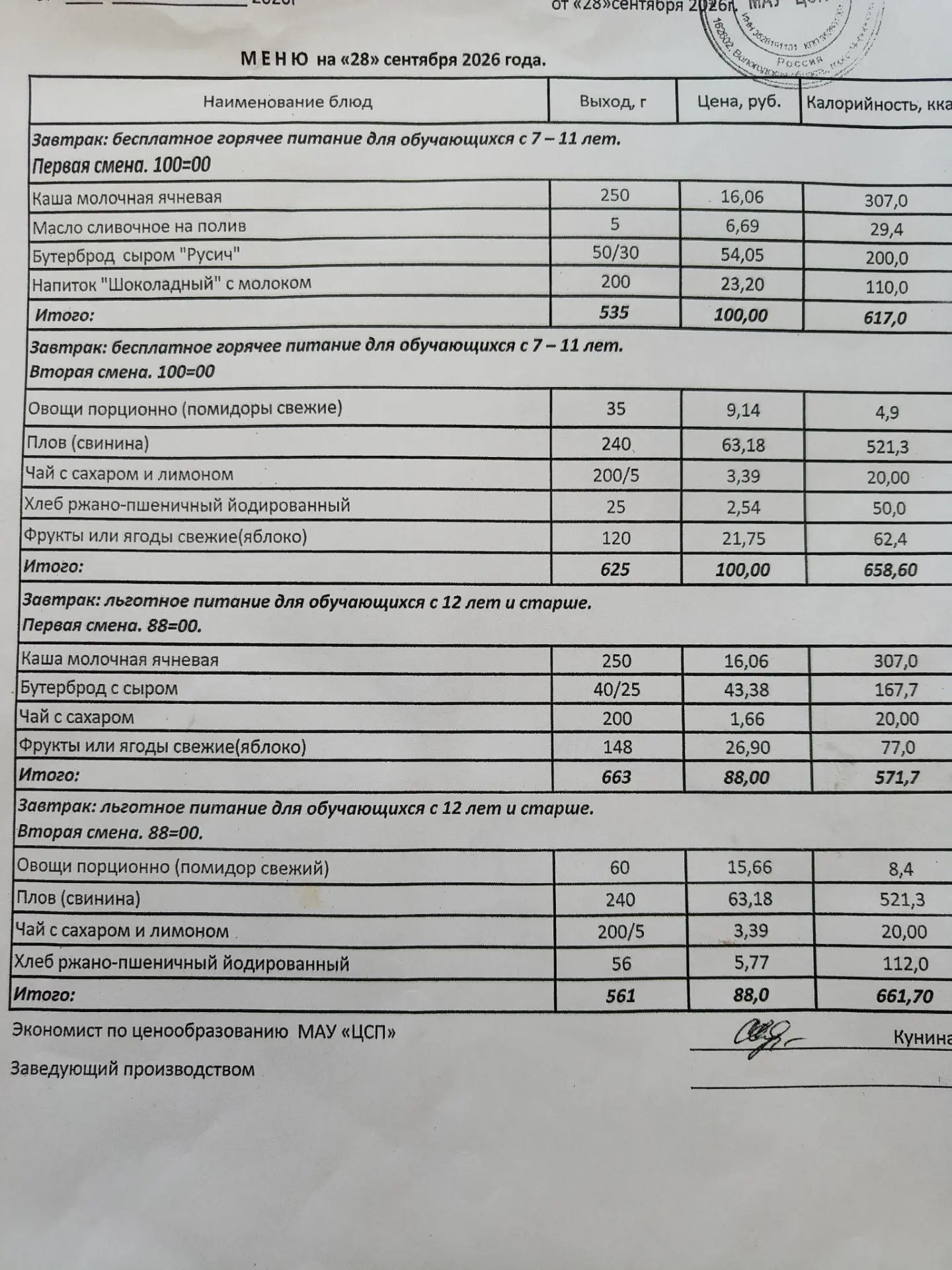 Меню 28.09
