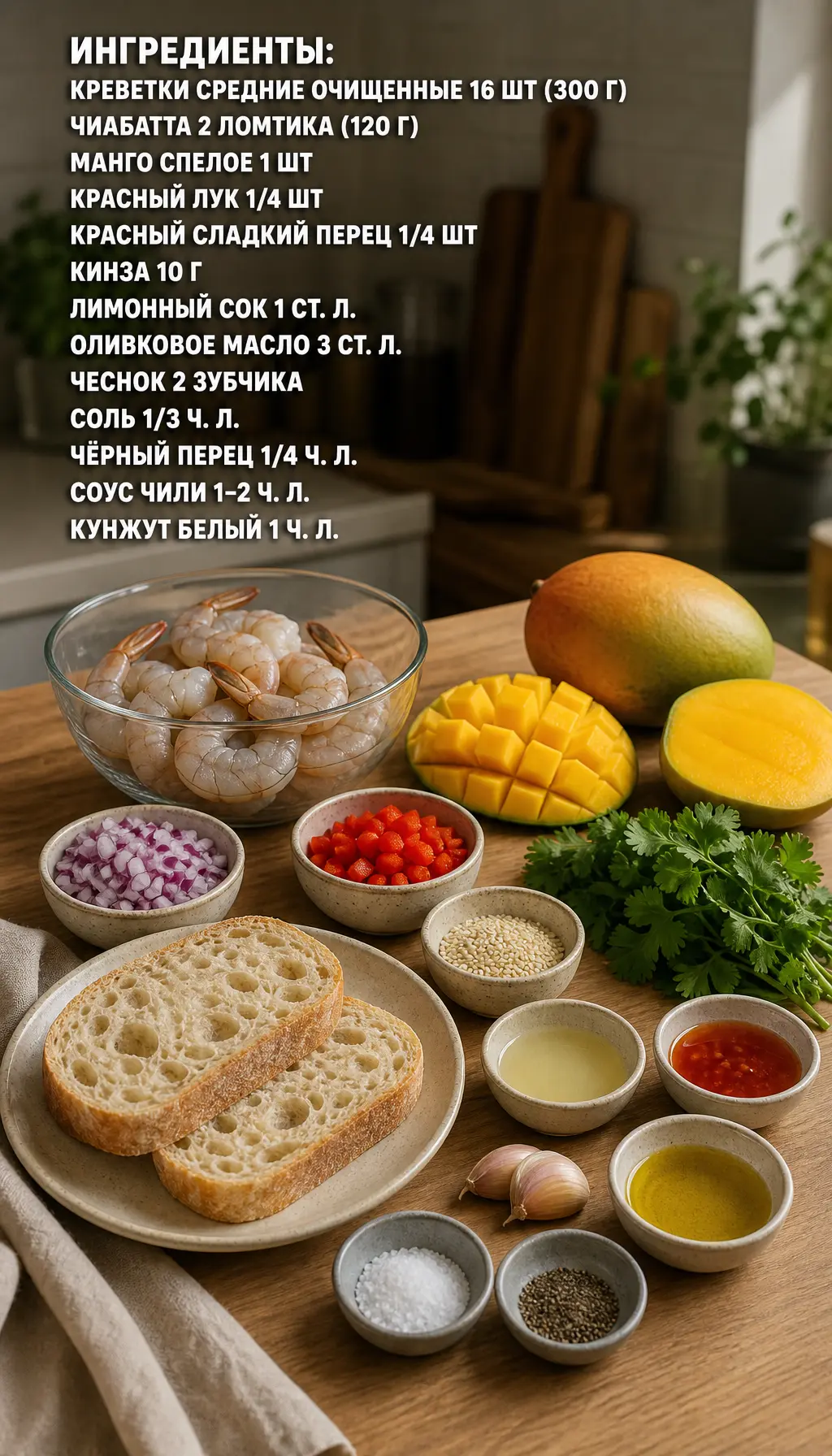 Брускетта с манговой сальсой и креветками
