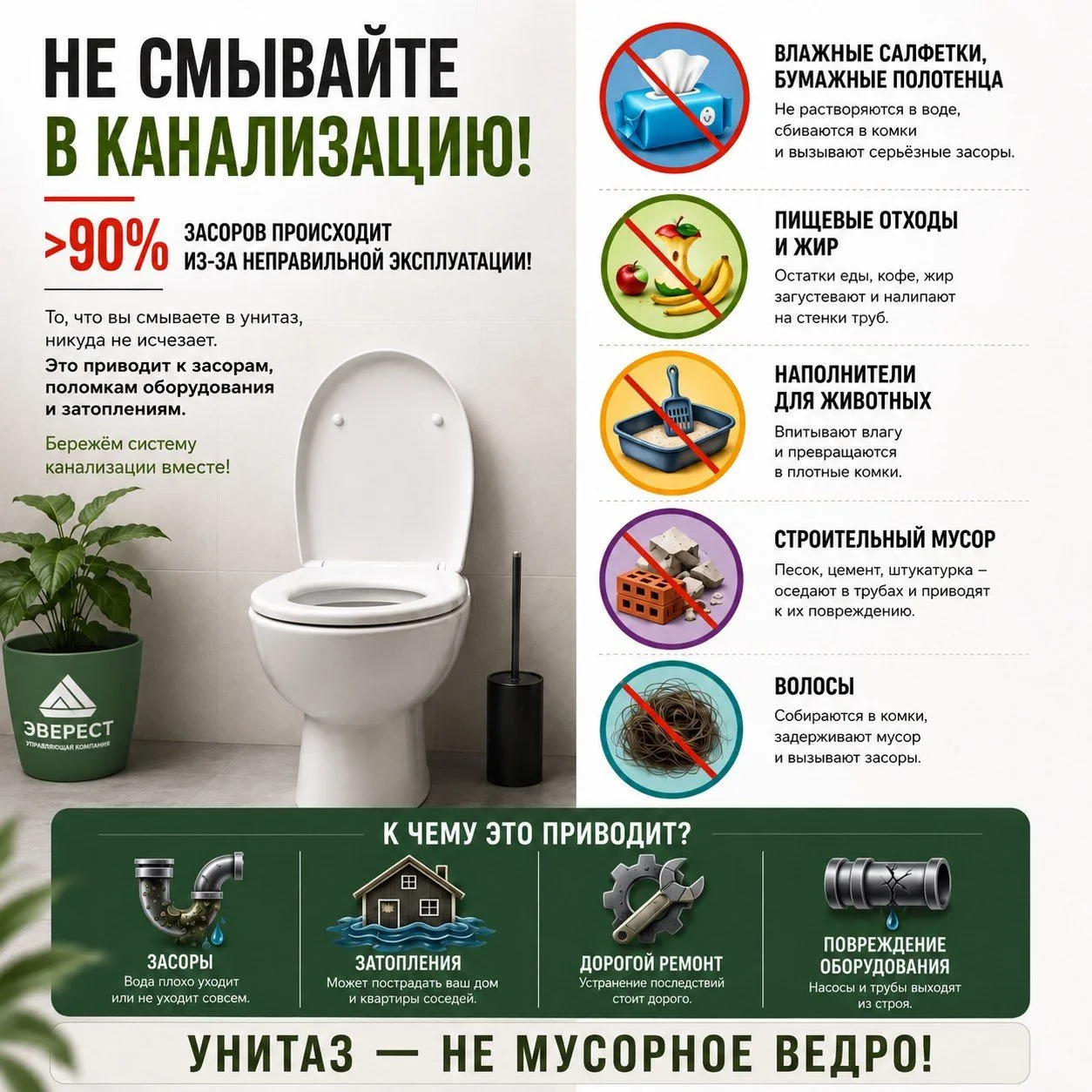 🚽 Унитаз — не мусорное ведро❗️

Более 90% засоров канализации происходят из-за неправильной эксплуа
