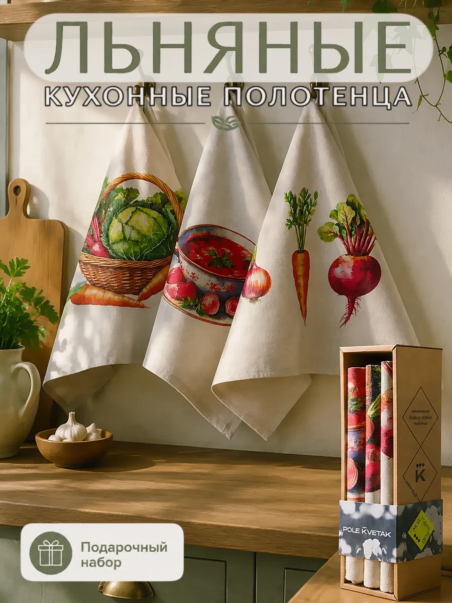 ⚡️ Льняные полотенца кухонные подарочный набор с рисунком, Белорусский лён