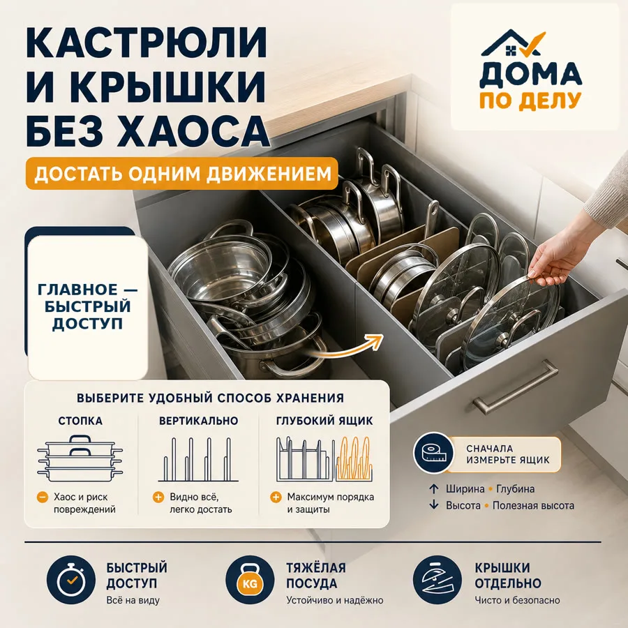 🍲 Кастрюли и крышки: самый компактный способ хранения не всегда самый удобный
