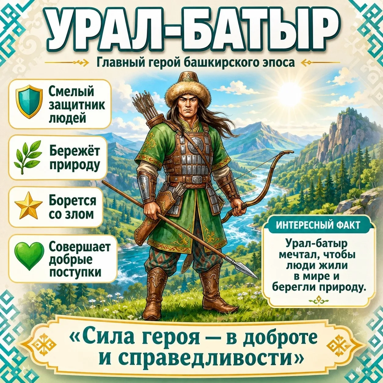 💥 Знакомим детей с башкирским эпосом «Урал-батыр»
📚 В рамках Дня эпоса «Урал-батыр» в нашем детско