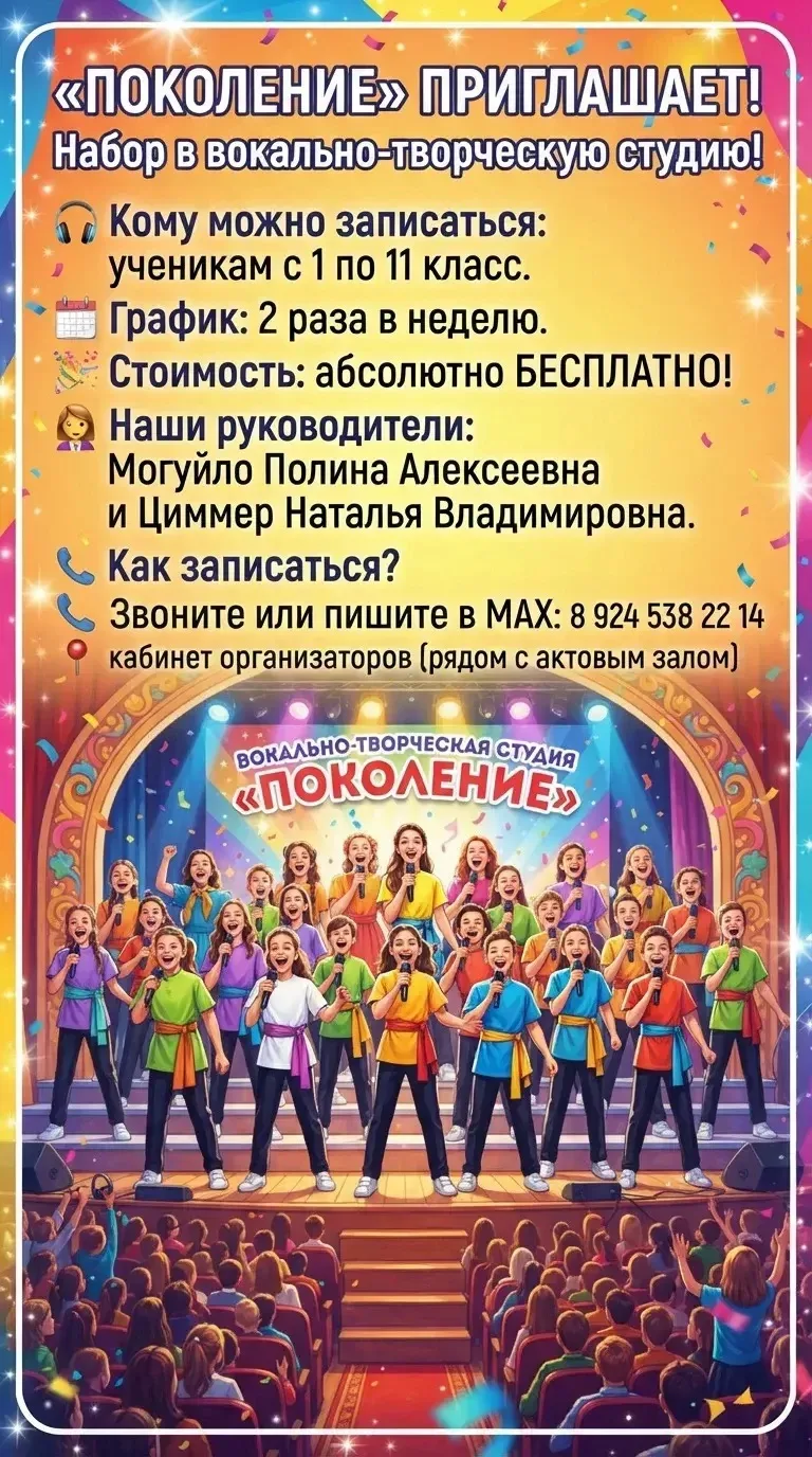 📢 Внимание, набор в вокально-творческую студию «Поколение»!