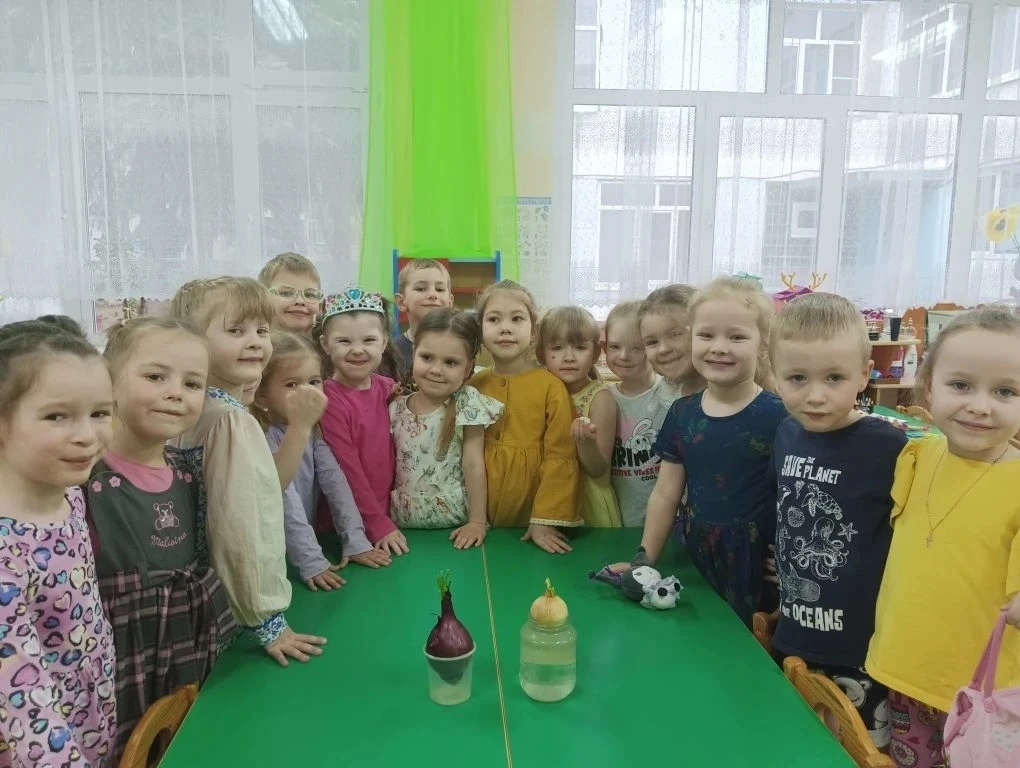 Воспитанники средней группы вместе с воспитателями посадили луковицы в своем огороде и ...