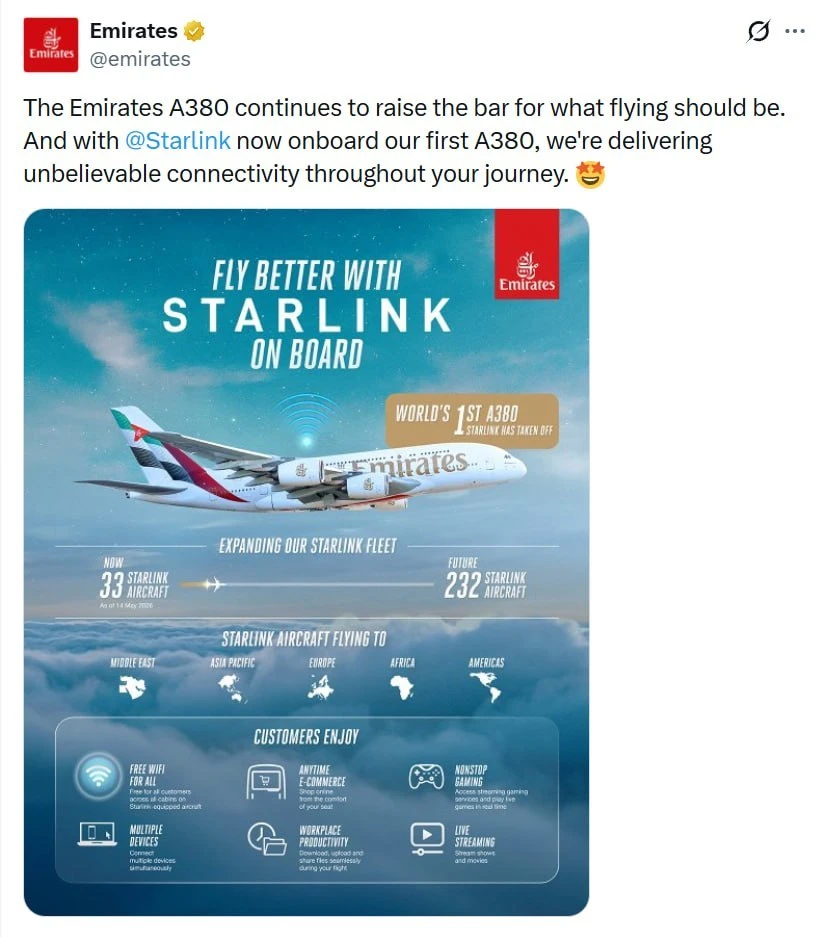 "Emirates собираются оснастить Starlinkами пассажирские рейсы. Пассажирам всех классов обещают беспл
