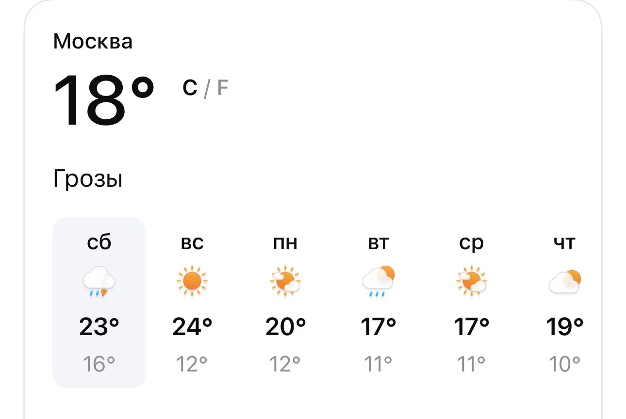 🌤 Сегодня в Москве около +18 °C, днём воздух прогреется примерно до +23…+25 °C. Ожидае...