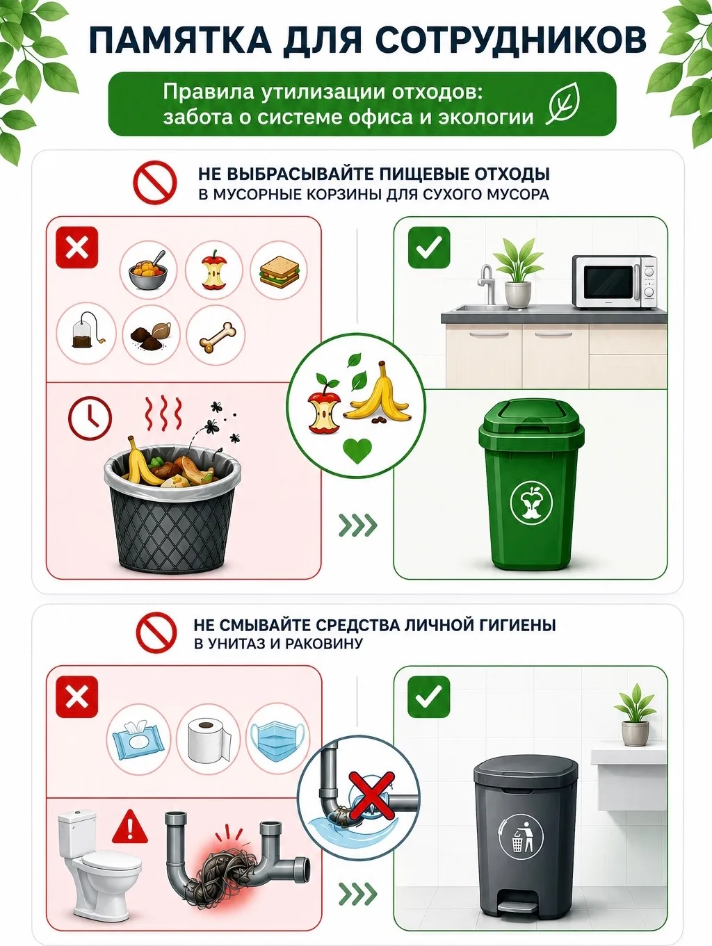 ♻️ Чистый офис начинается с каждого из нас  🍏 Напоминаем о простых, но важных правилах утилизации от