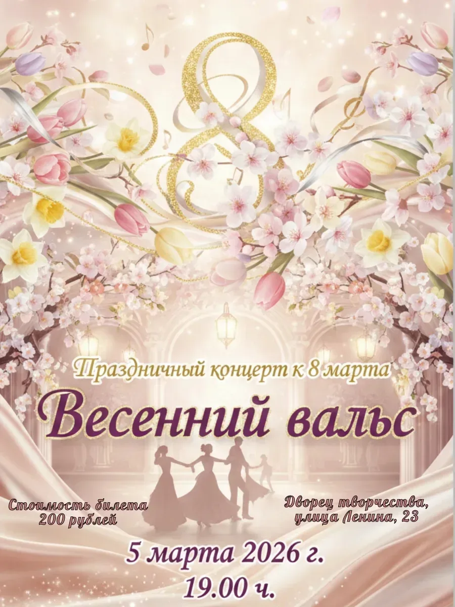 Дворец творчества детей и молодёжи приглашает на праздничный концерт «Весенний вальс», ...