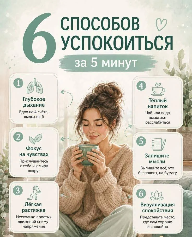🌿 6 способов успокоиться :

🍃 Сделайте глубокий вдох.

🚶 Прогуляйтесь 10–15 минут.

🎵 Включите с
