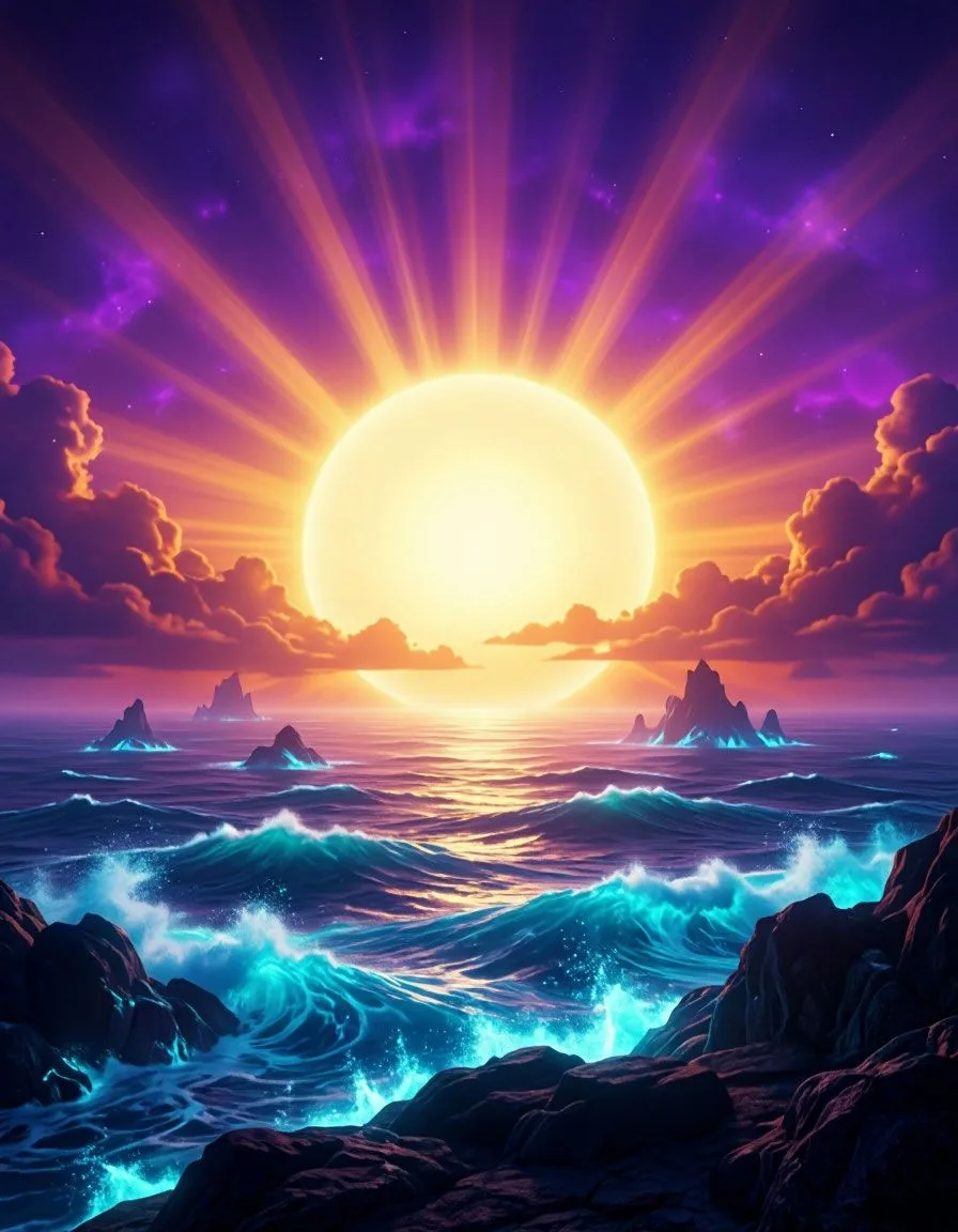 Fantasy sunrise over the ocean, vibrant cosmic colors, purple and orange sky, giant glowing sun, mys