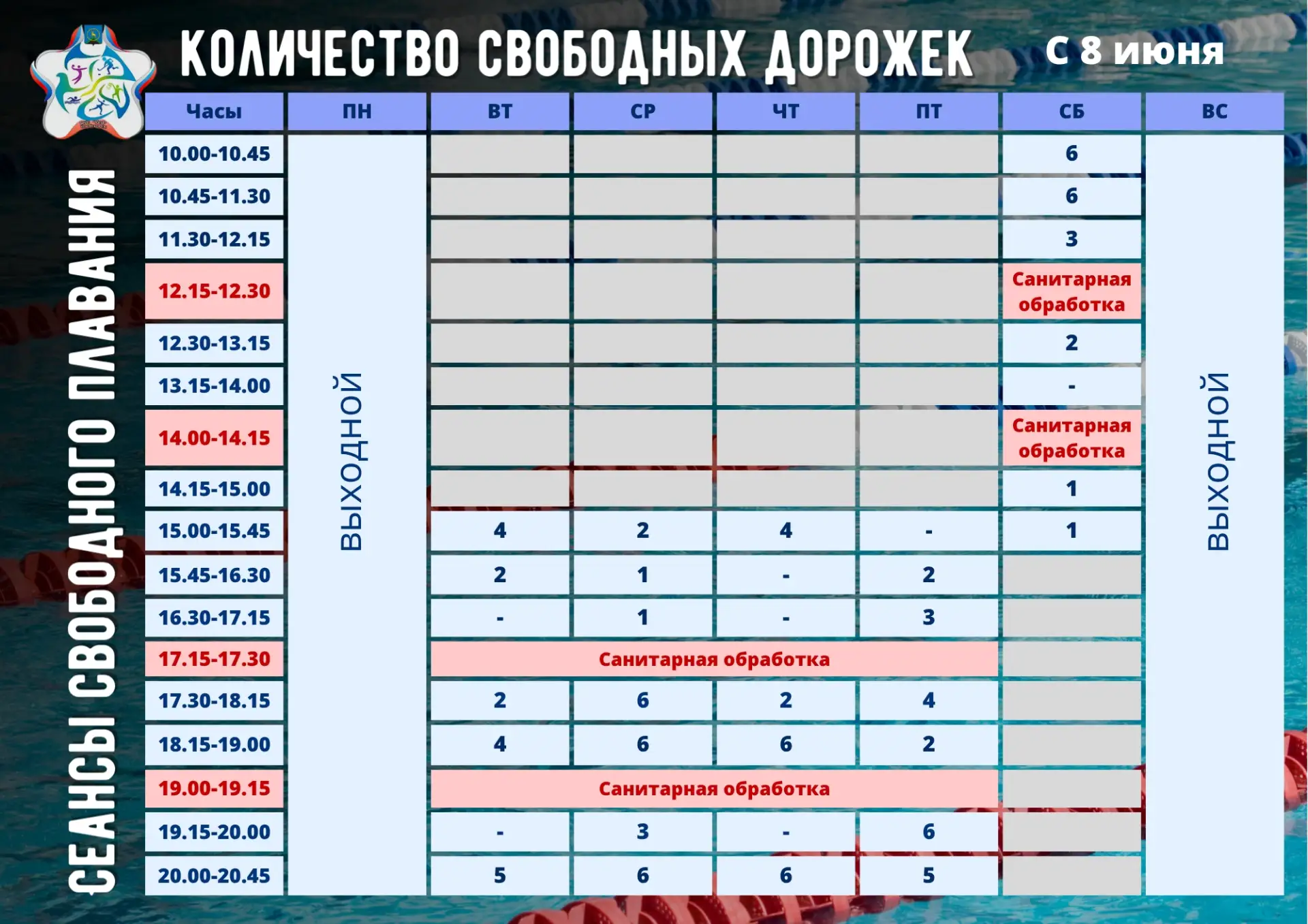 ✅ Актуальное расписание сеансов свободного плавания в Доме физкультуры с 8 июня 🌊