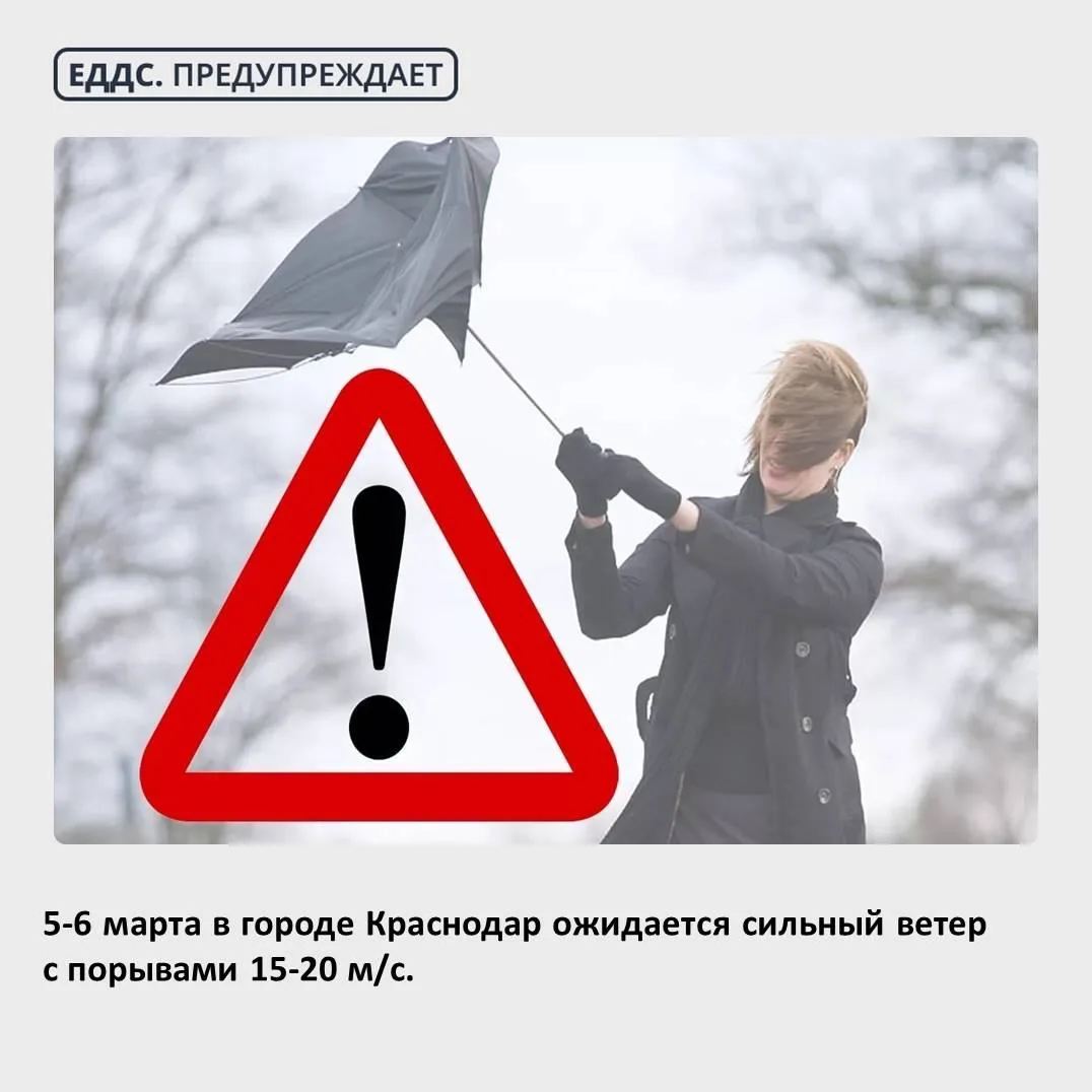 Внимание! Штормовое предупреждение!
 
5 и 6 марта в Краснодаре ожидается сильный ветер с порывами 15