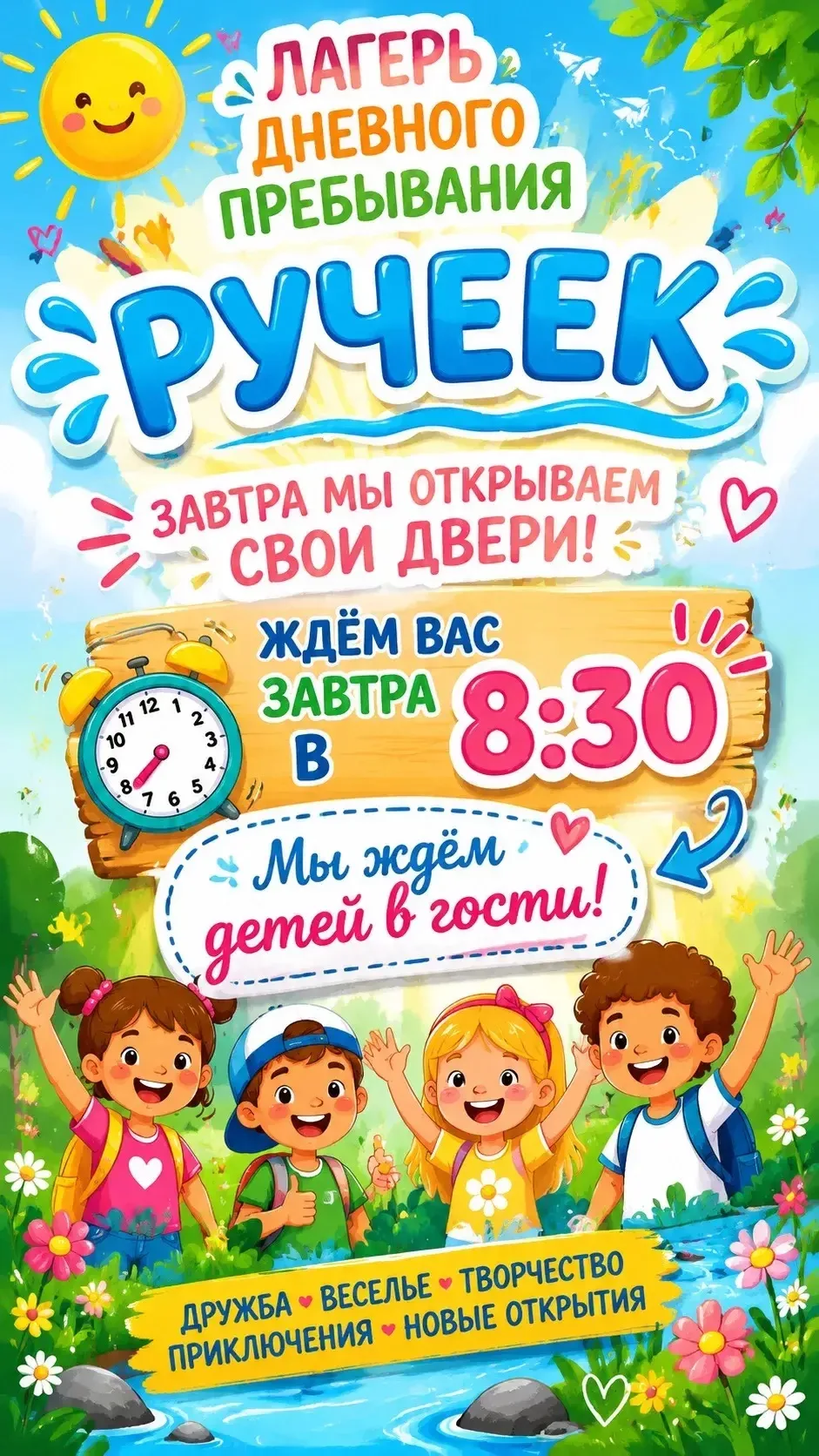 🌞 Завтра , 24 июня ЛДП «Ручеек» вновь открывает свои двери для ребят ! 
Ждем всех ребят в 8:30. 
В 