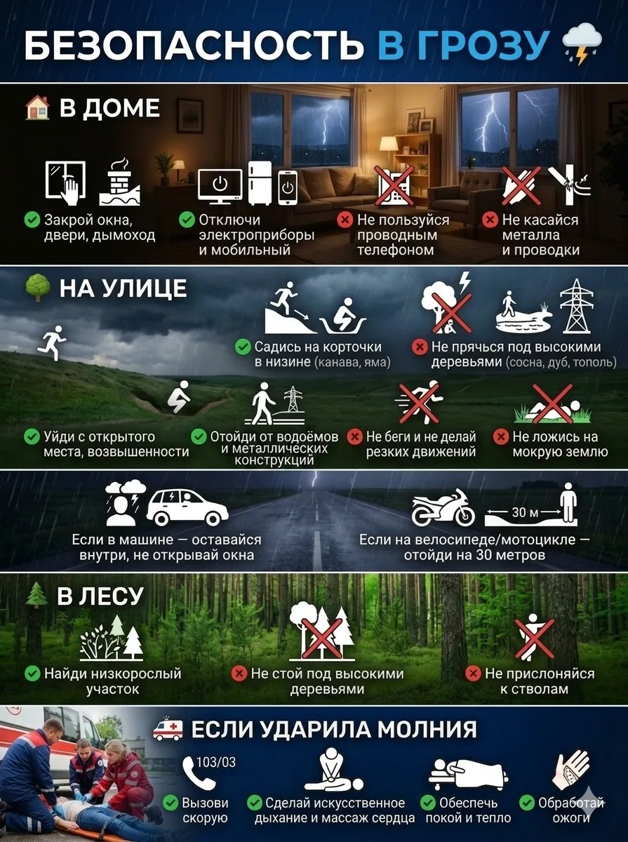 Гроза: красота и осторожность 🌩️

🌦️⚡ Тёплые дожди и грозы — неотъемлемая часть лета. Важно знать,