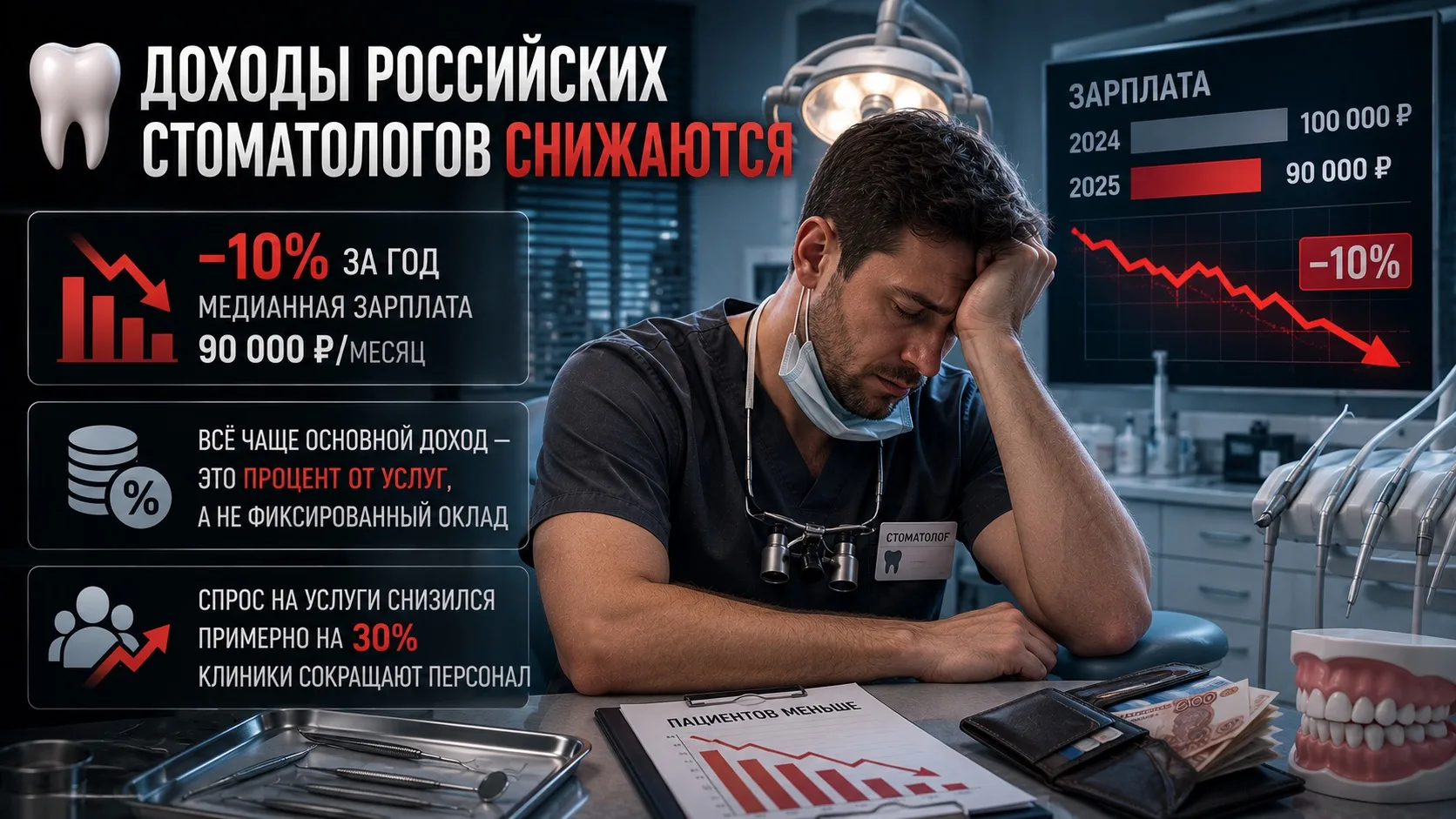 🦷 Доходы российских стоматологов начали снижаться

За год медианная зарплата стоматологов сократила